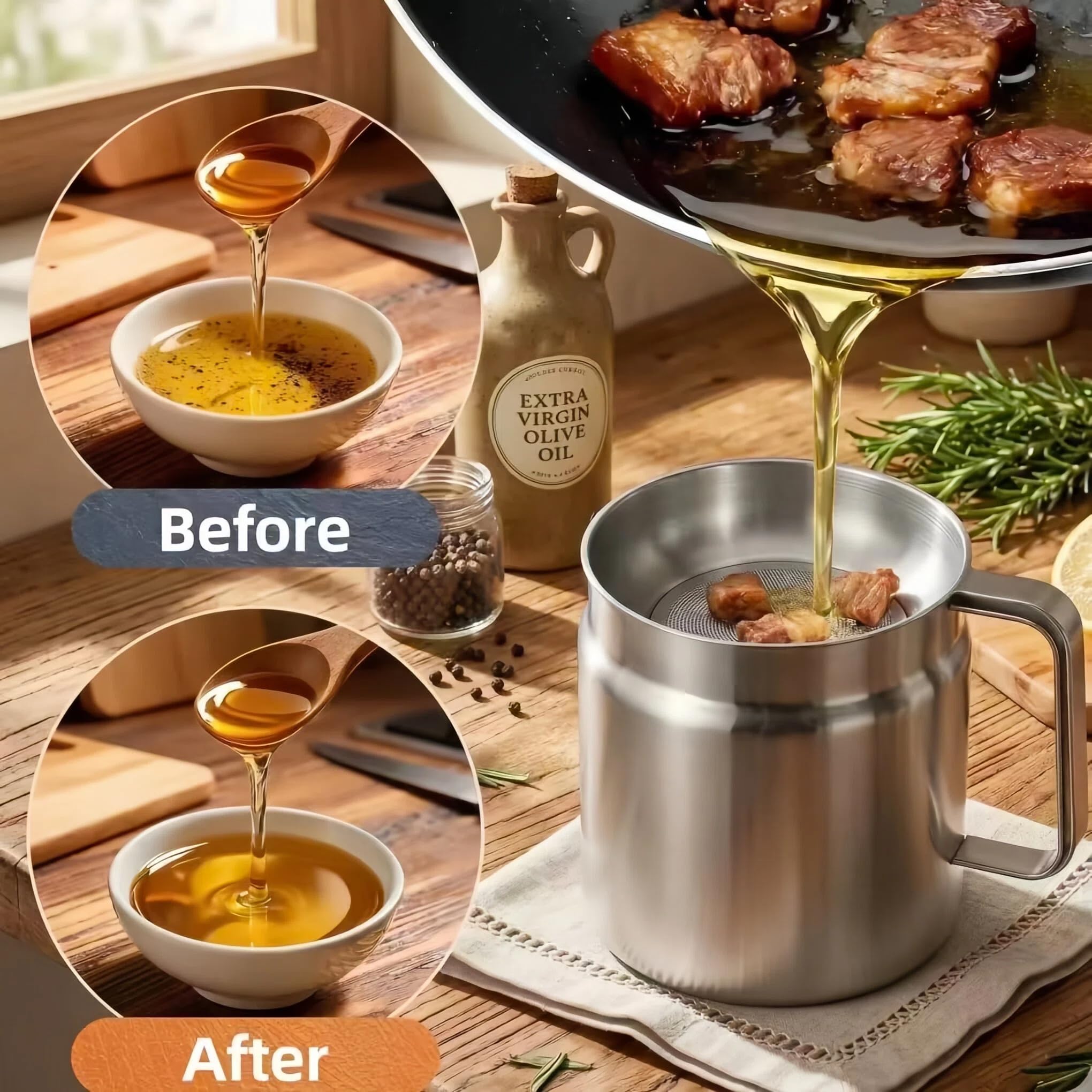 2-in-1 Deep Fryer Pot with Basket(2.1L), Stainless Steel Oil Strainer Pot, 304 Food-Grade Frying Pot with Fine Mesh Oil Filter for Cooking & Bacon Grease Storage