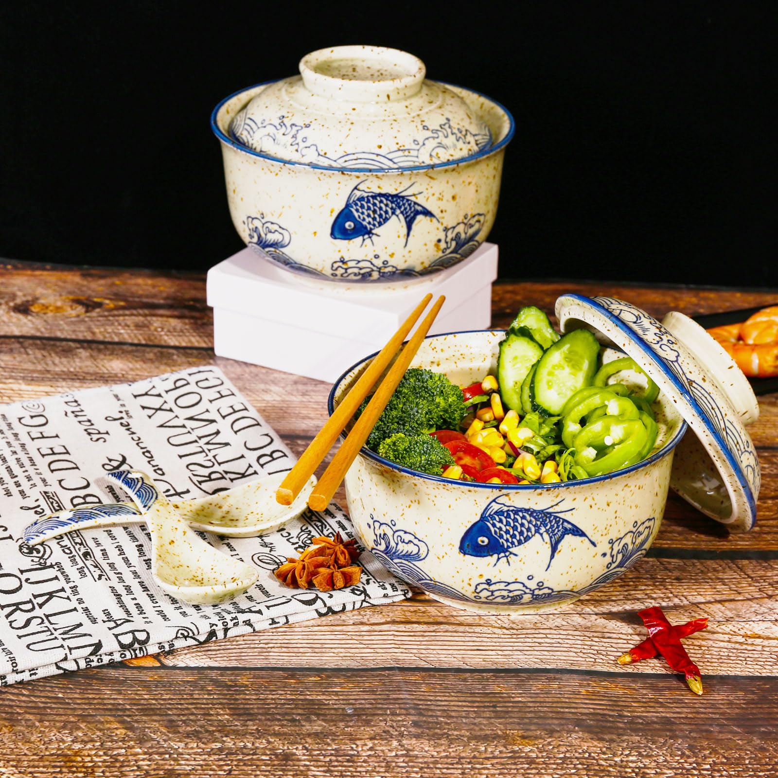 800ml Ceramic Ramen Bowl Set with Lid, Spoon and Chopsticks, Large Soup Bowls Japanese Vintage Instant Noodle Bowl Asian Tableware (Fish * 1)