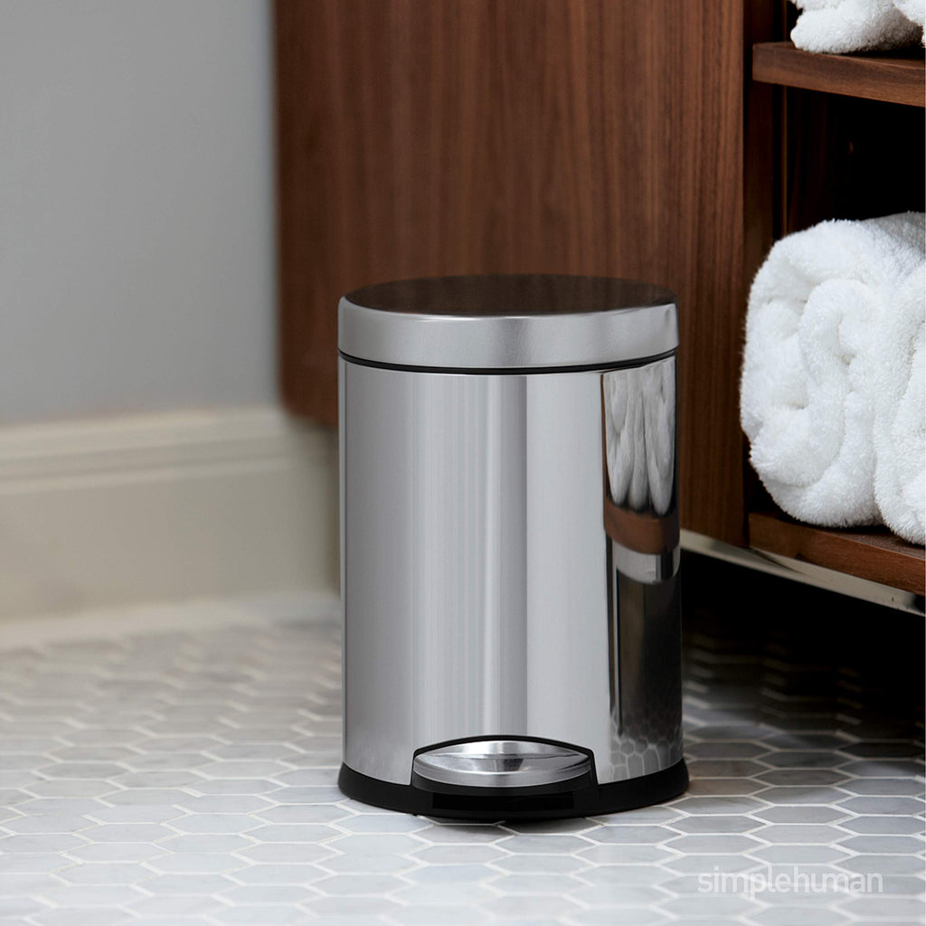 simplehuman 4.5 Liter / 1.2 Gallon Compact Stainless Steel Round Bathroom Step Trash Can, White Stainless Steel