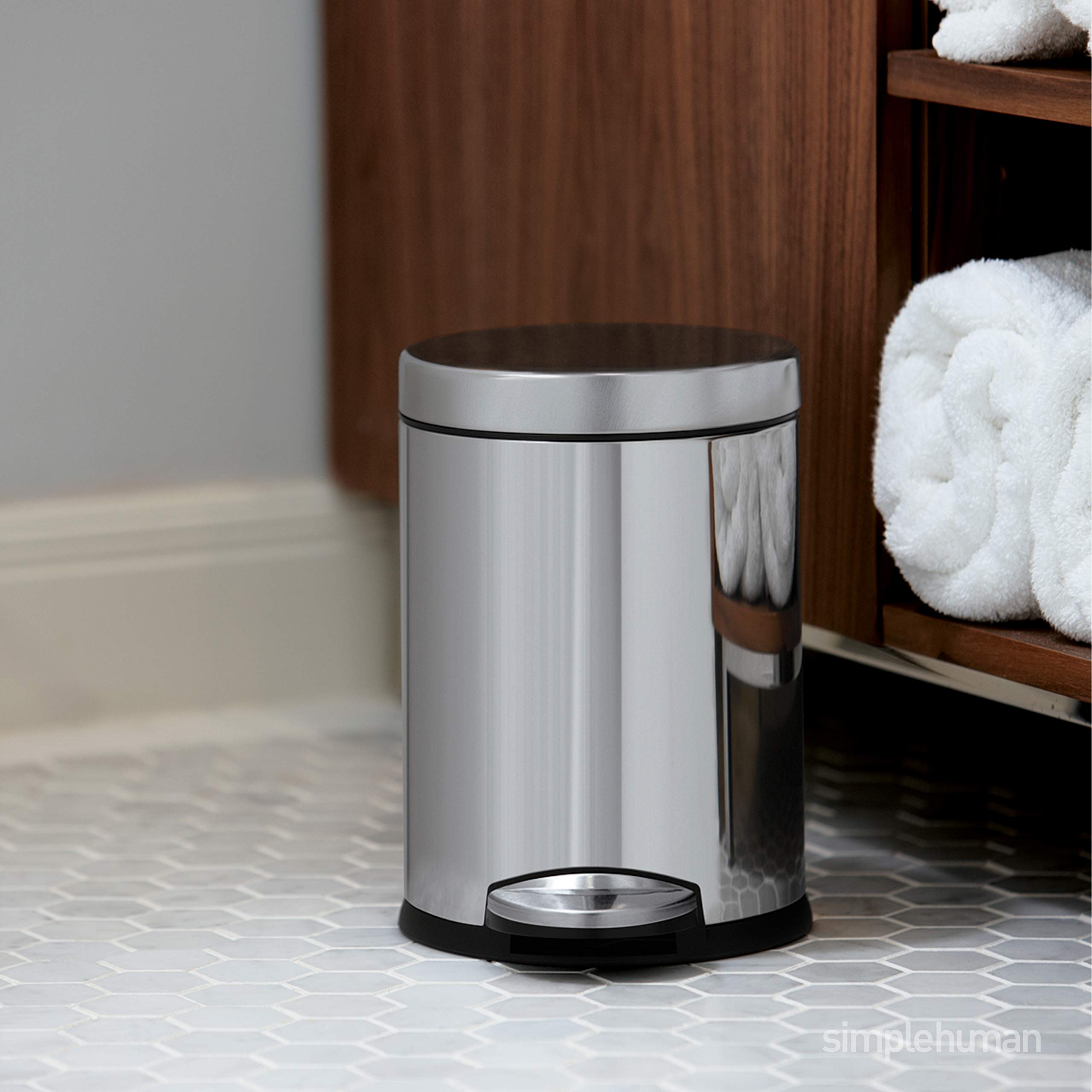 simplehuman 4.5 Liter / 1.2 Gallon Compact Stainless Steel Round Bathroom Step Trash Can, White Stainless Steel