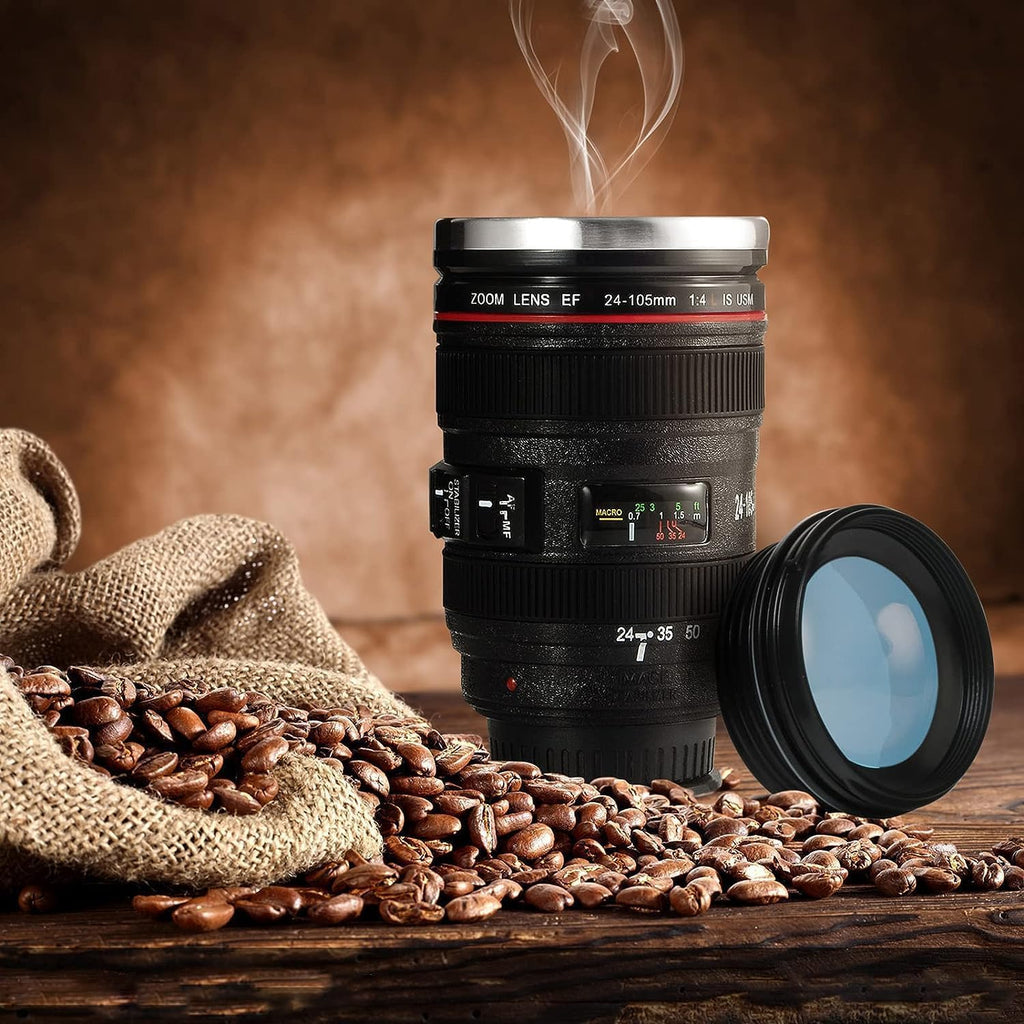 Camera Lens Coffee Mug 350ml Tumbler with Transparent Lid,Black