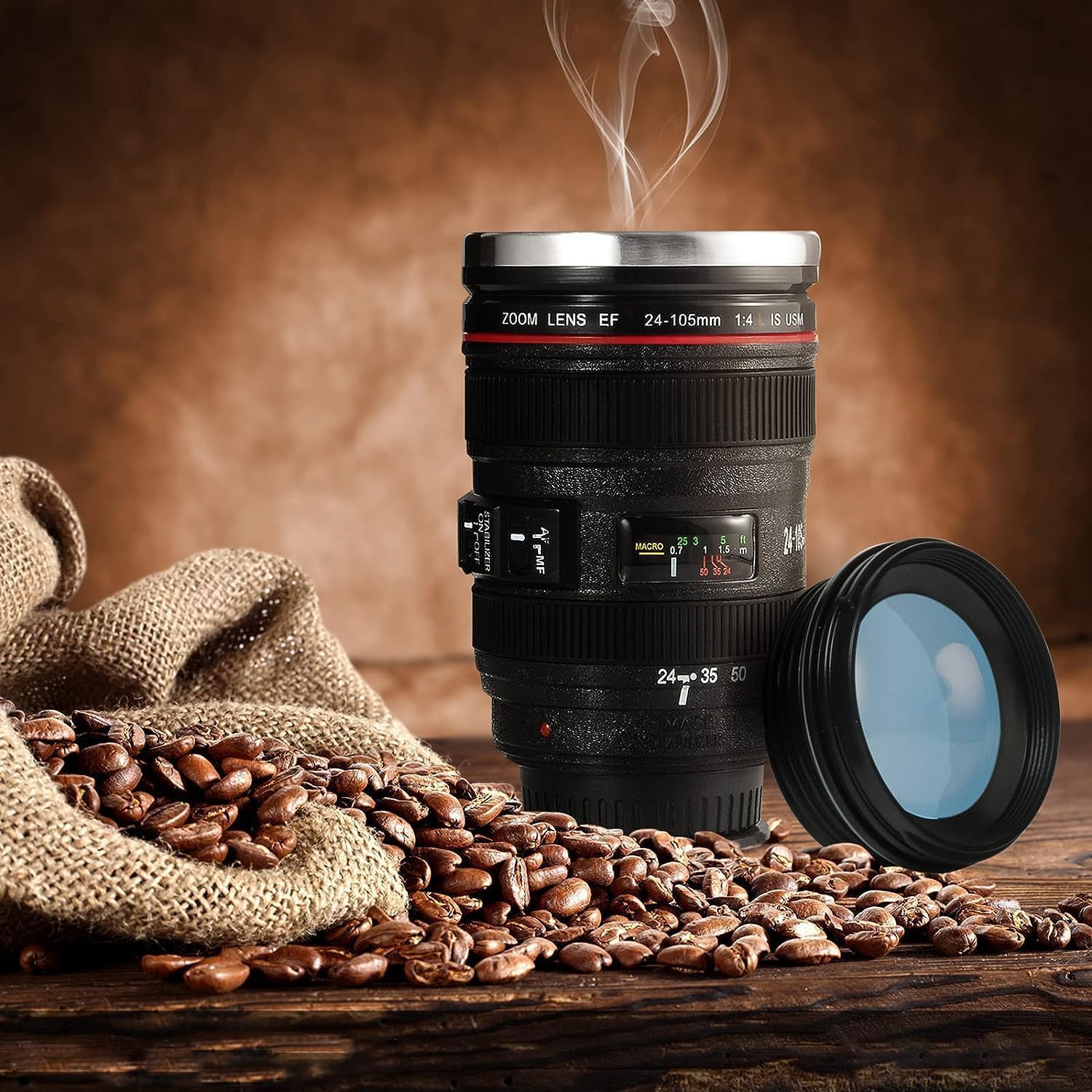 Camera Lens Coffee Mug 350ml Tumbler with Transparent Lid,Black