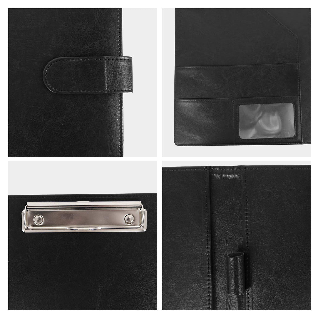 GraduatePro Leather Business Padfolio Notebook with Letter Size Clipboard, A4 Magnetic Portfolio Binder & Organizer Folder, Interview/Resume Document Organizer with Sleeve Holder Black