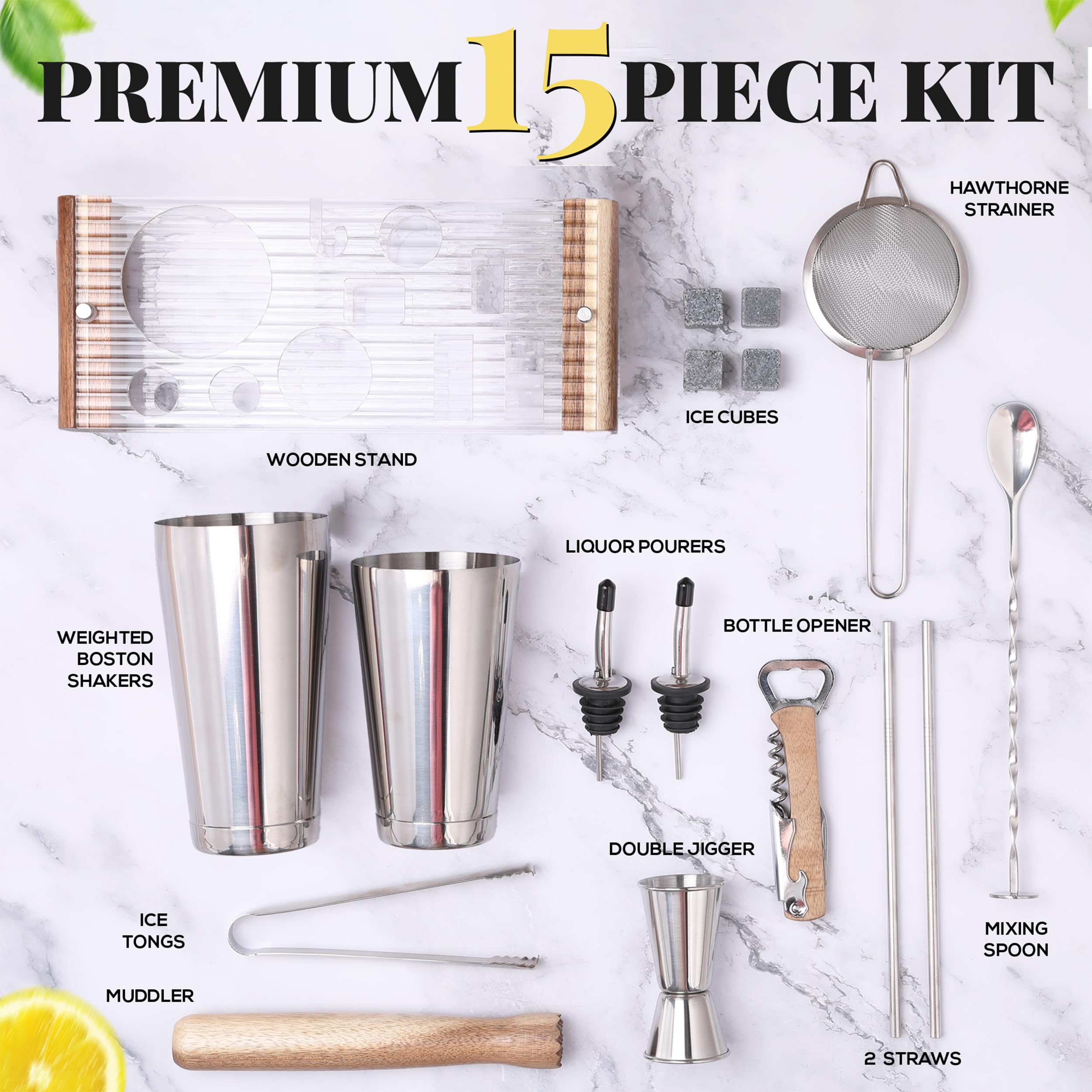 Mixology Bartender Kit with Wood Stand-18 Piece Bar Tool Set, Silver Bar Set Boston Shaker for Drink Mixing-Includes Boston Shaker, Jigger, Hawthorne Strainer, Mixer Spoon, Tongs, Opener|Gift Idea