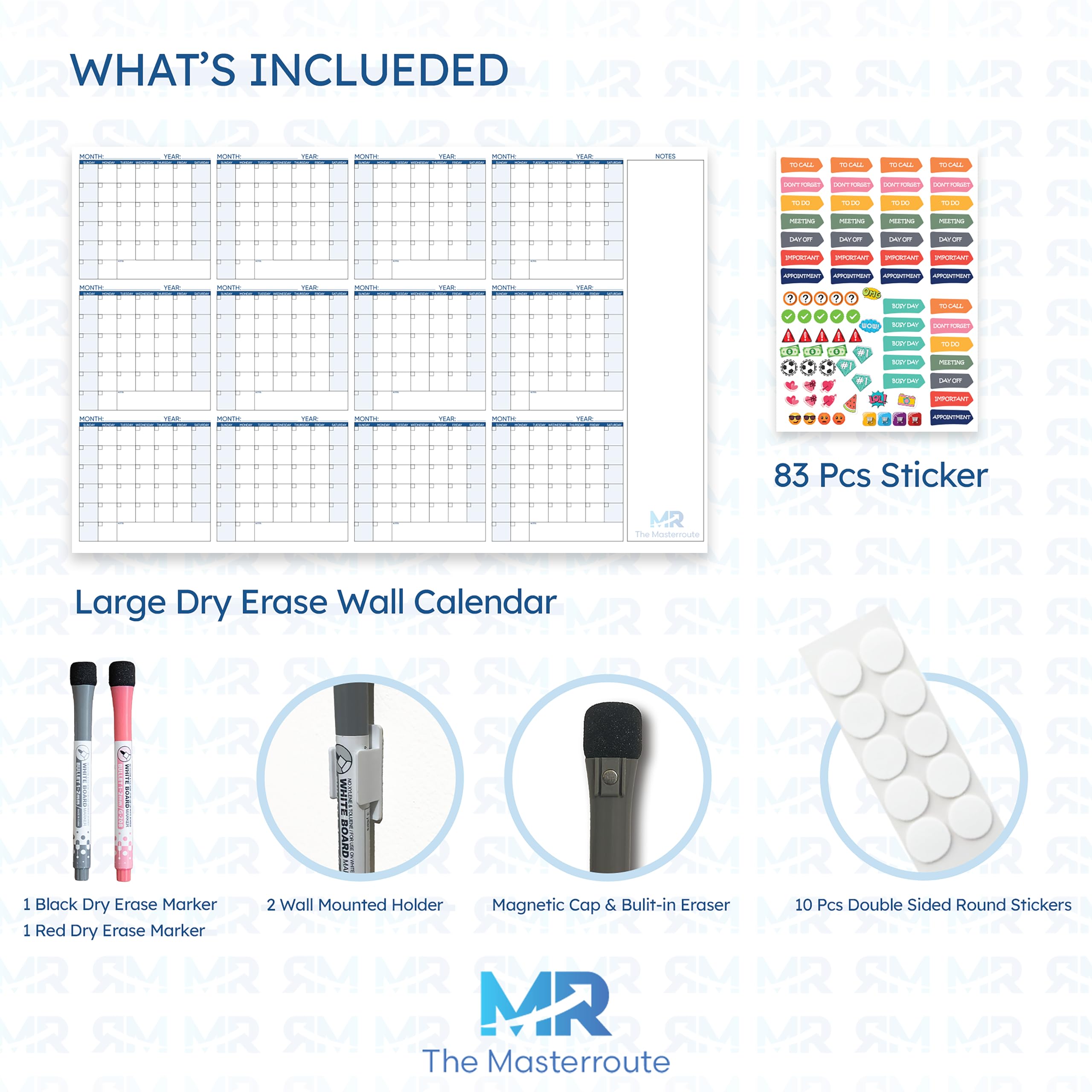 THE MASTERROUTE Large Dry Erase Wall Calendar – 147x94cm Reusable 12-Month Undated Wall Planner 2026 – Horizontal Layout with 2 Markers, 83 Stickers & Mounting Tapes for Home, Office or School