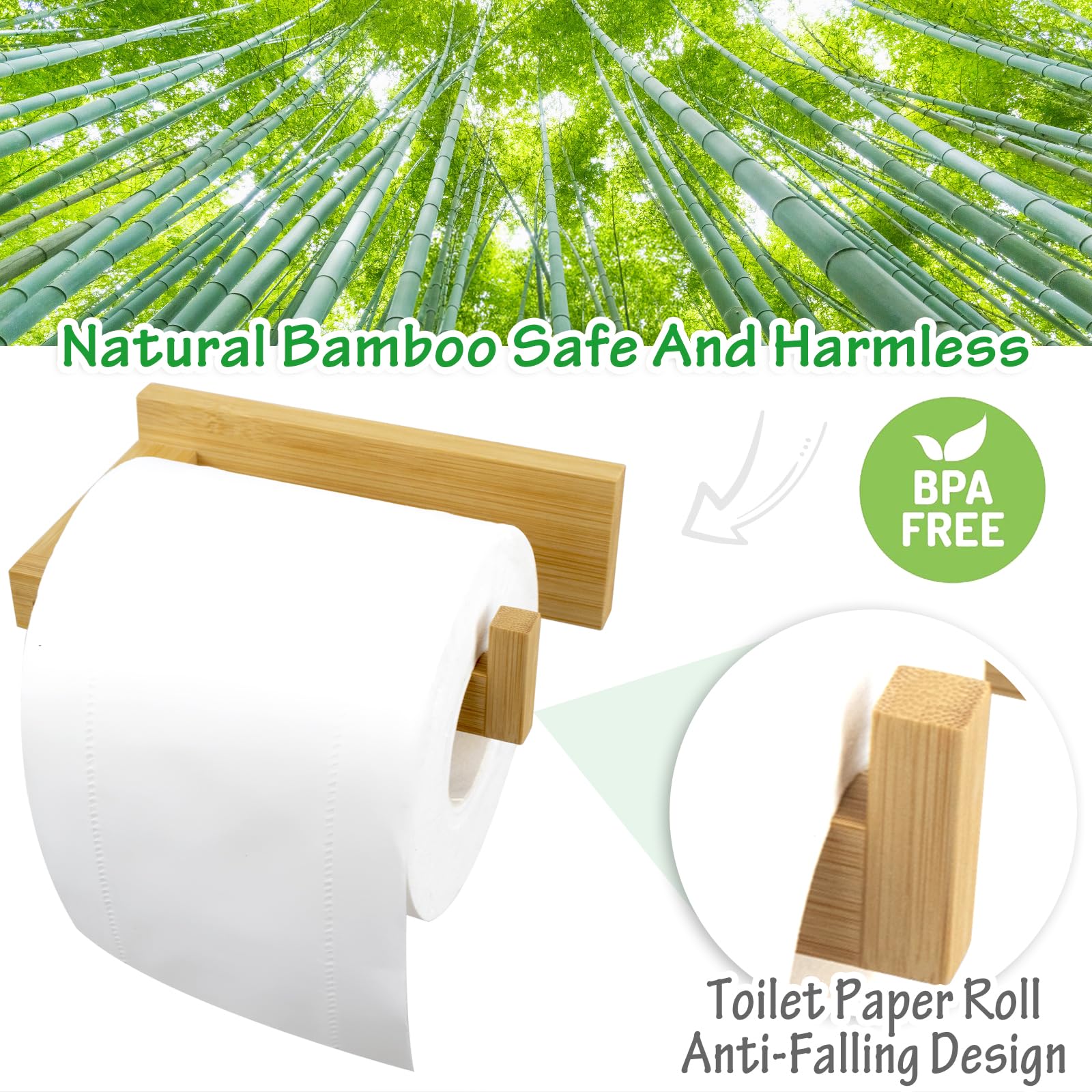 Free Drilling Bamboo Wall-Mounted Toilet Paper Holder Self-Adhesive or Screw Toilet Tissue Roll Holder for Bathroom and Kitchen