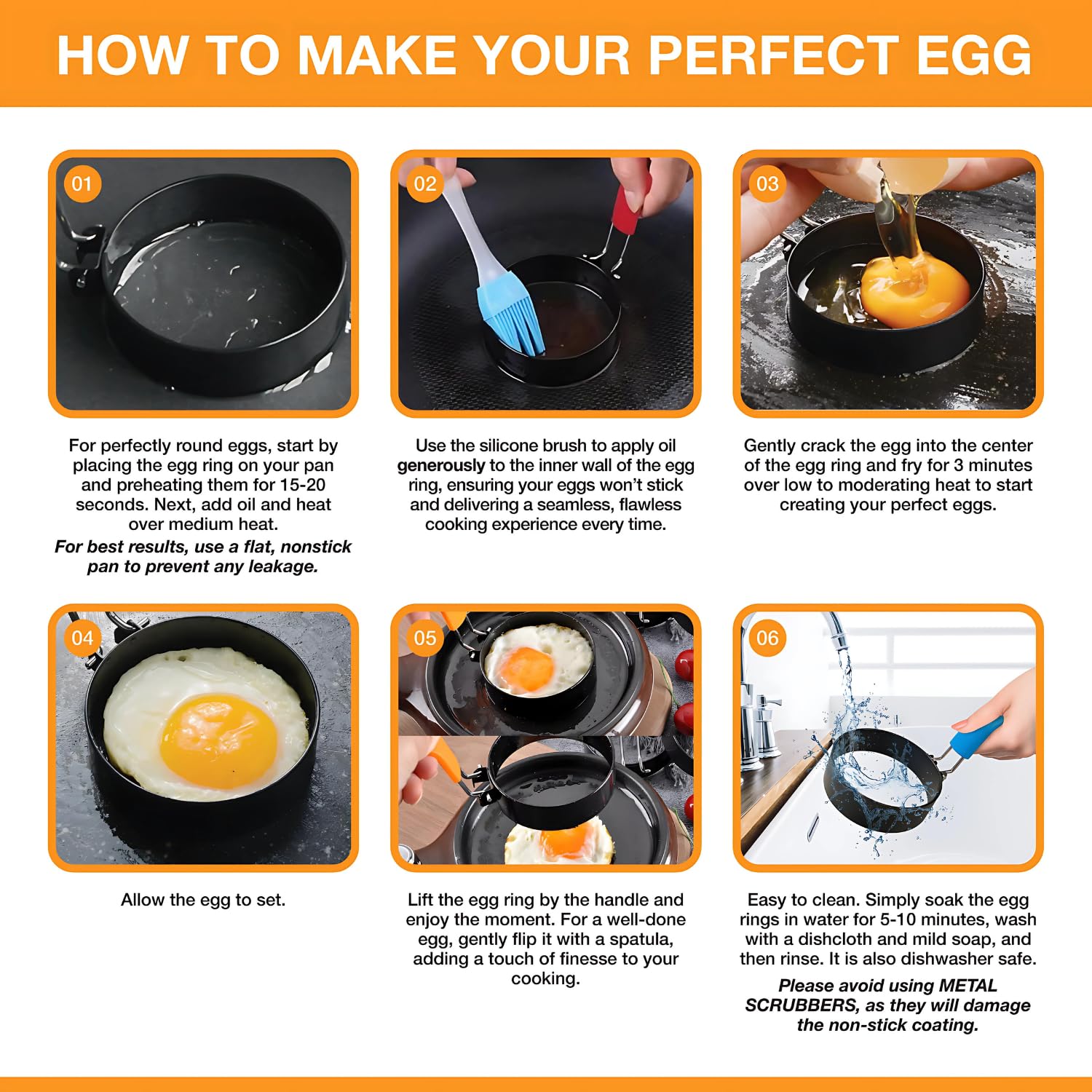 YOLKIEE Egg Rings, 4-Pack, Non-Stick Egg Ring with Oil Brush, Stainless Steel with Anti-Scald Multi-Color Silicone Handle, Round Mold Shaper for Frying Eggs and McMuffins
