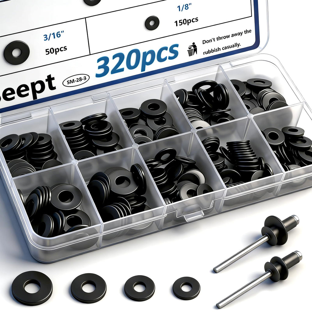 Seept 320PCS Black Pop Rivet washers Assortment kit for Black Pop Rivets Diameter 1/8",5/32",3/16" 304 Stainless Steel pop Rivet Washer Aluminum pop Rivet washers Blind Rivet Washer