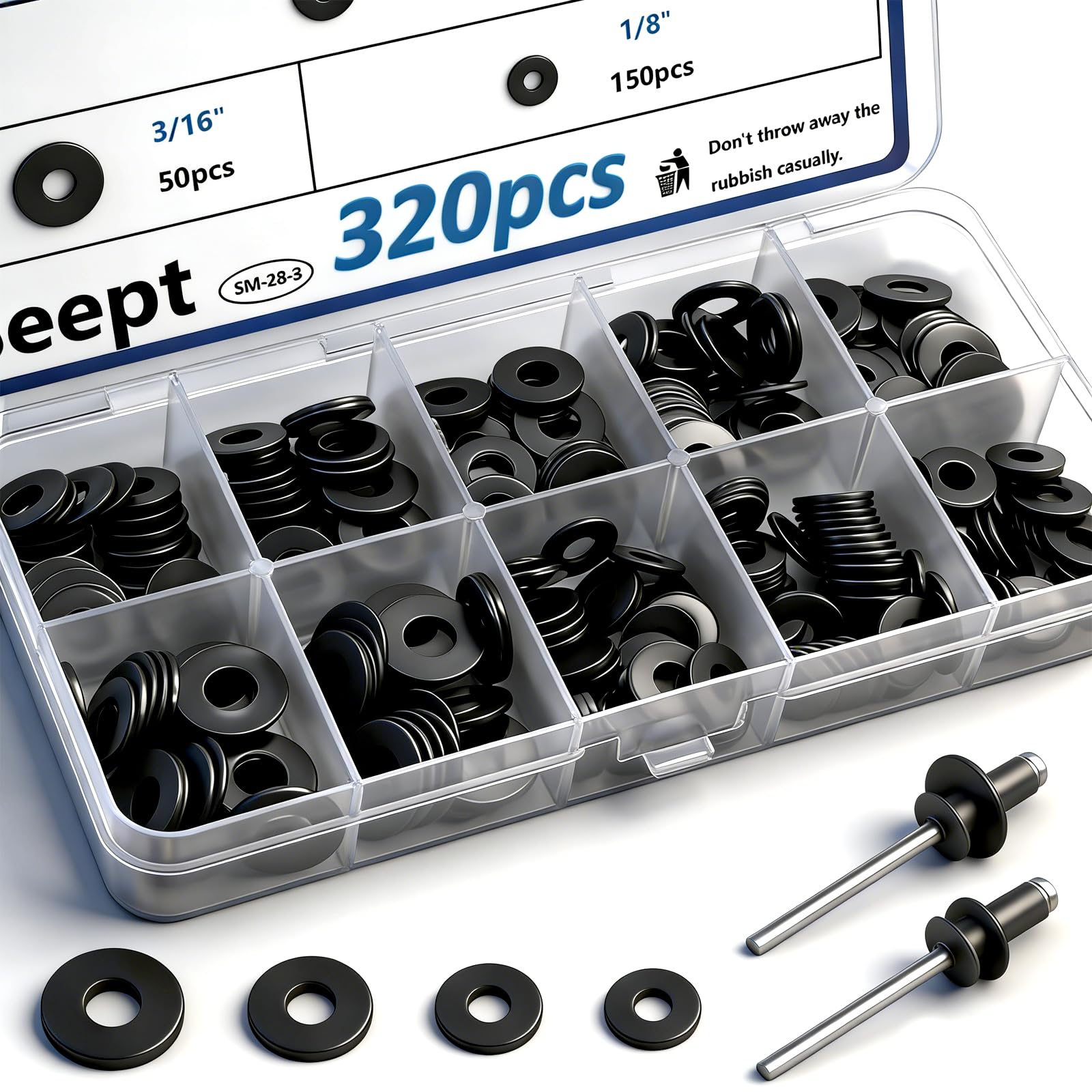 Seept 320PCS Black Pop Rivet washers Assortment kit for Black Pop Rivets Diameter 1/8",5/32",3/16" 304 Stainless Steel pop Rivet Washer Aluminum pop Rivet washers Blind Rivet Washer