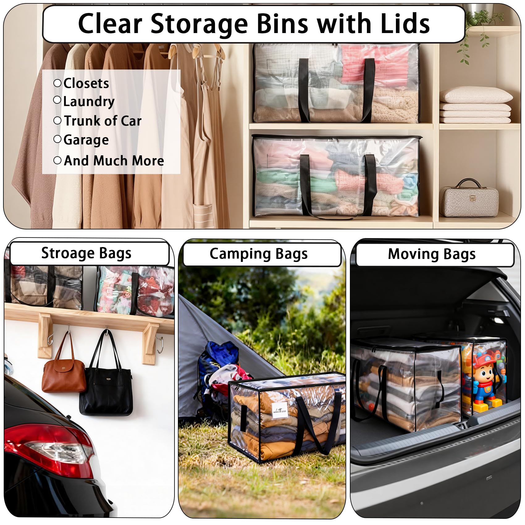 8 Pack Extra Large Heavy Duty Moving Bags,Clear Large Storage Bags with Lids,Moving Boxes with Zippers & Reinforced Handles,Transparent Packing Bags for College Dorm,Traveling,Christmas Decorations