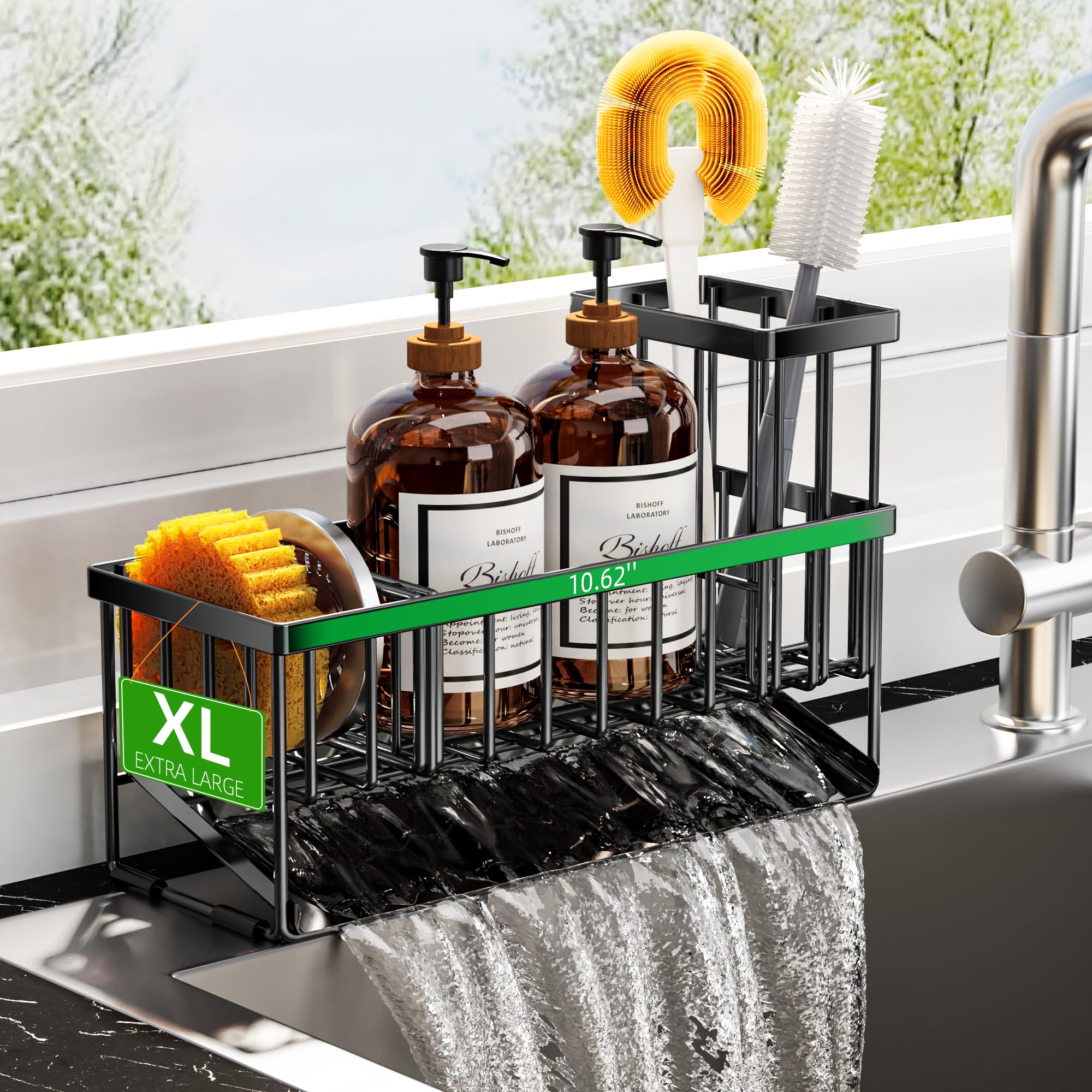 Cisily Extra Large Kitchen Sink Caddy Organzier with High Brush Holder, Sponge Holder for Sink, 304 Rustproof Stainless, Kitchen Countertop Soap Dispenser Organizer, Kitchen Decor and Accessories
