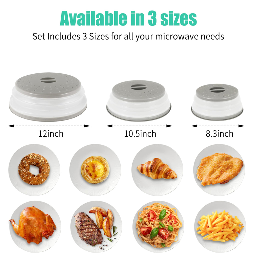 3 Pack Collapsible Microwave Food Covers, Splatter Guard,Vented Microwave Lid for Food, BPA free TPR, Dishwasher safe,Gray，Large, Medium, Small