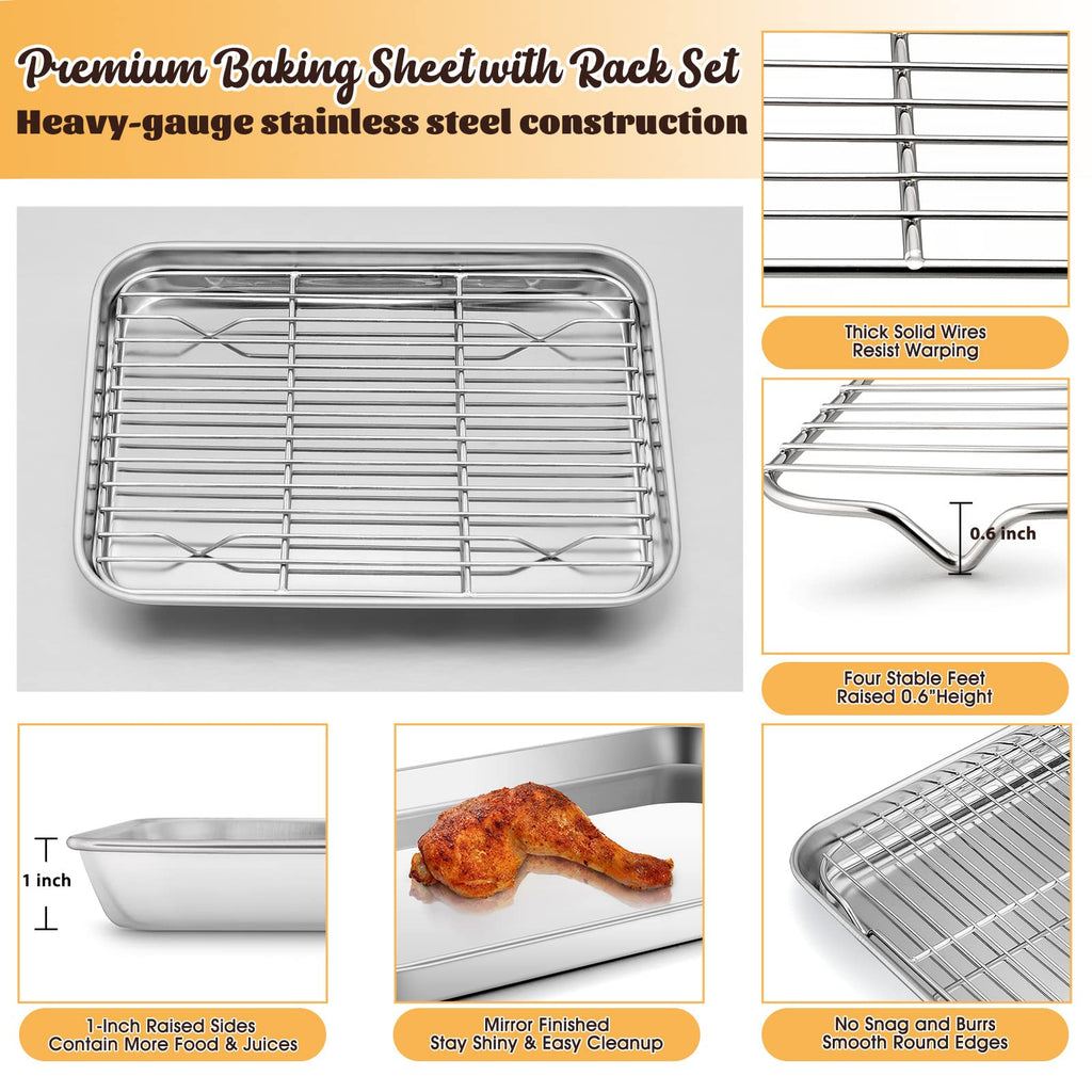 Small Stainless Steel Baking Sheet with Rack Set, E-far 10.5”x8.3” Cookie Sheet Broiling Pan for Toaster Oven, Rimmed Metal Tray with Wire Rack for Cooking/Baking/Cooling/Bacon - Dishwasher Safe
