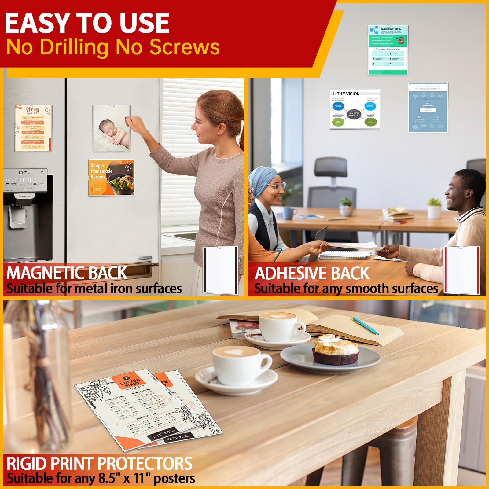 JR-MOV Magnetic Sign Holder 8.5 x 11 - Rigid Plastic Wall Sign Holder Reusable Adhesive Frames, Magnetic Frame for Refrigerator Door Window, Clear Rigid Print Protectors for Paper Picture, 5 Pack