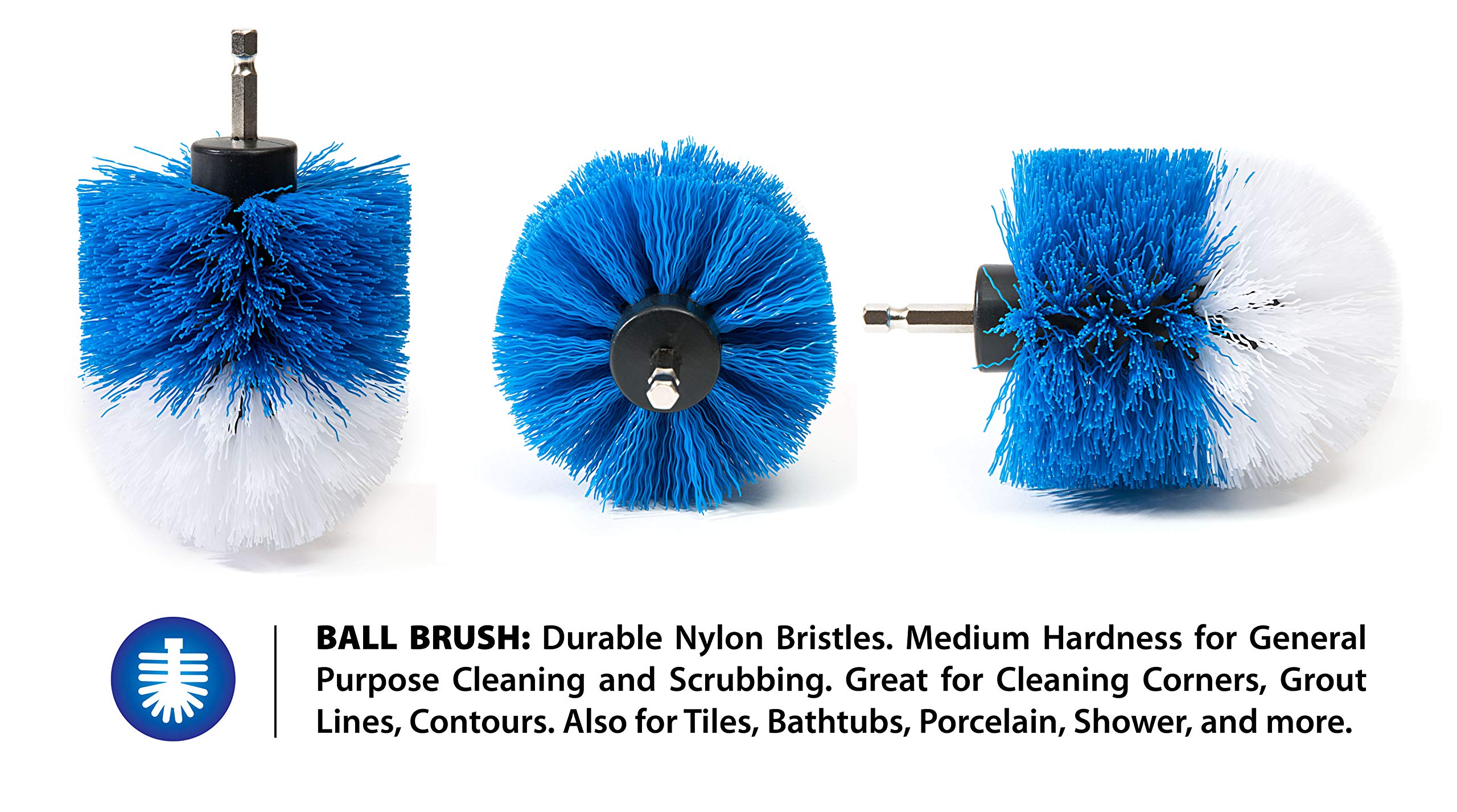 RevoClean 4 Piece Scrub Brush Power Drill Attachments-All Purpose Time Saving Kit-Perfect for Cleaning Grout, Tile, Counter, Shower, Grill, Floor, Kitchen, Blue & White