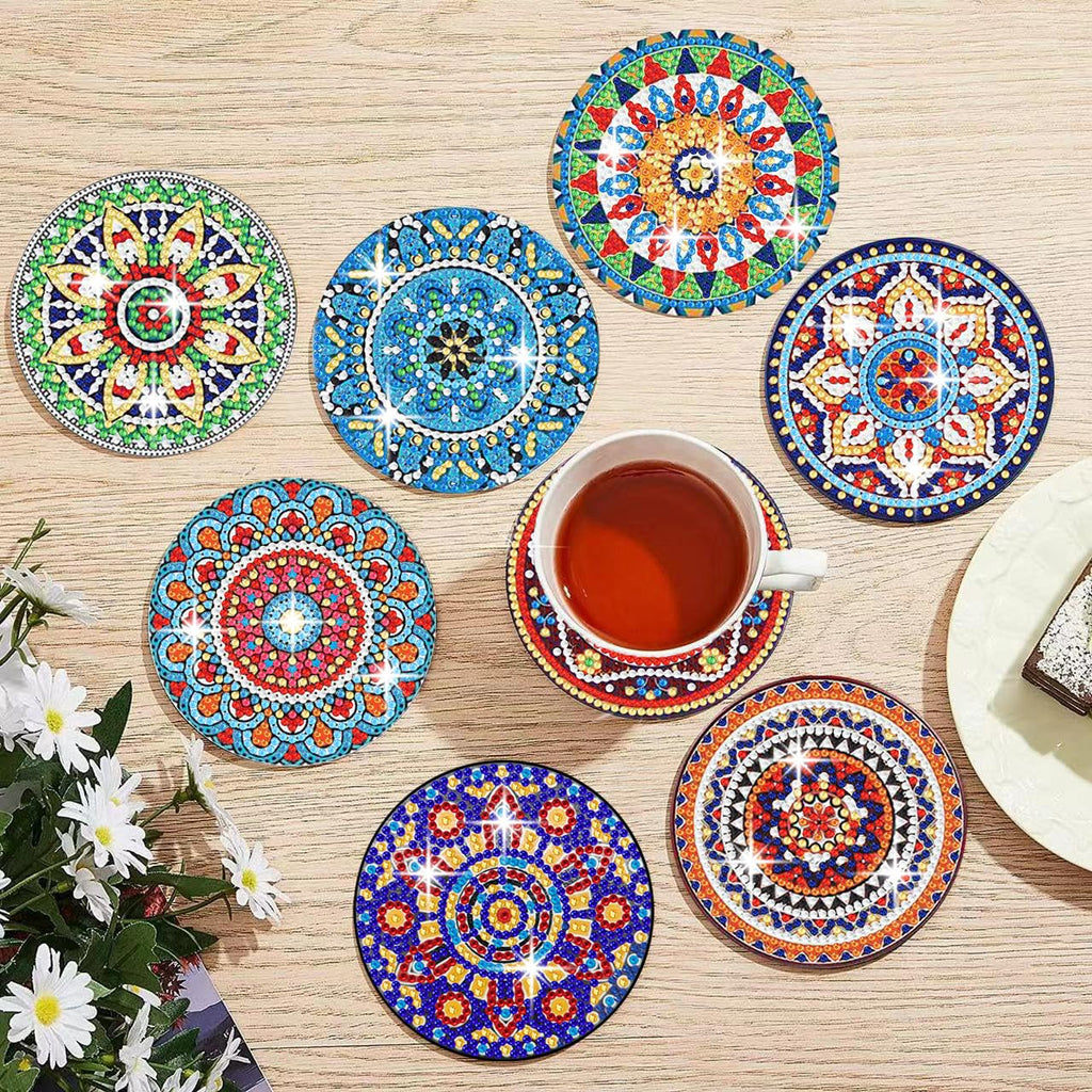 Muzagroo Art Mandala Diamond Painting Coasters with Holder 5D Diamond Art Kits for Beginners Stress-reducing Handicrafts for Adult DIY Coaster Art Craft Supply 8 PCS (Mandala)