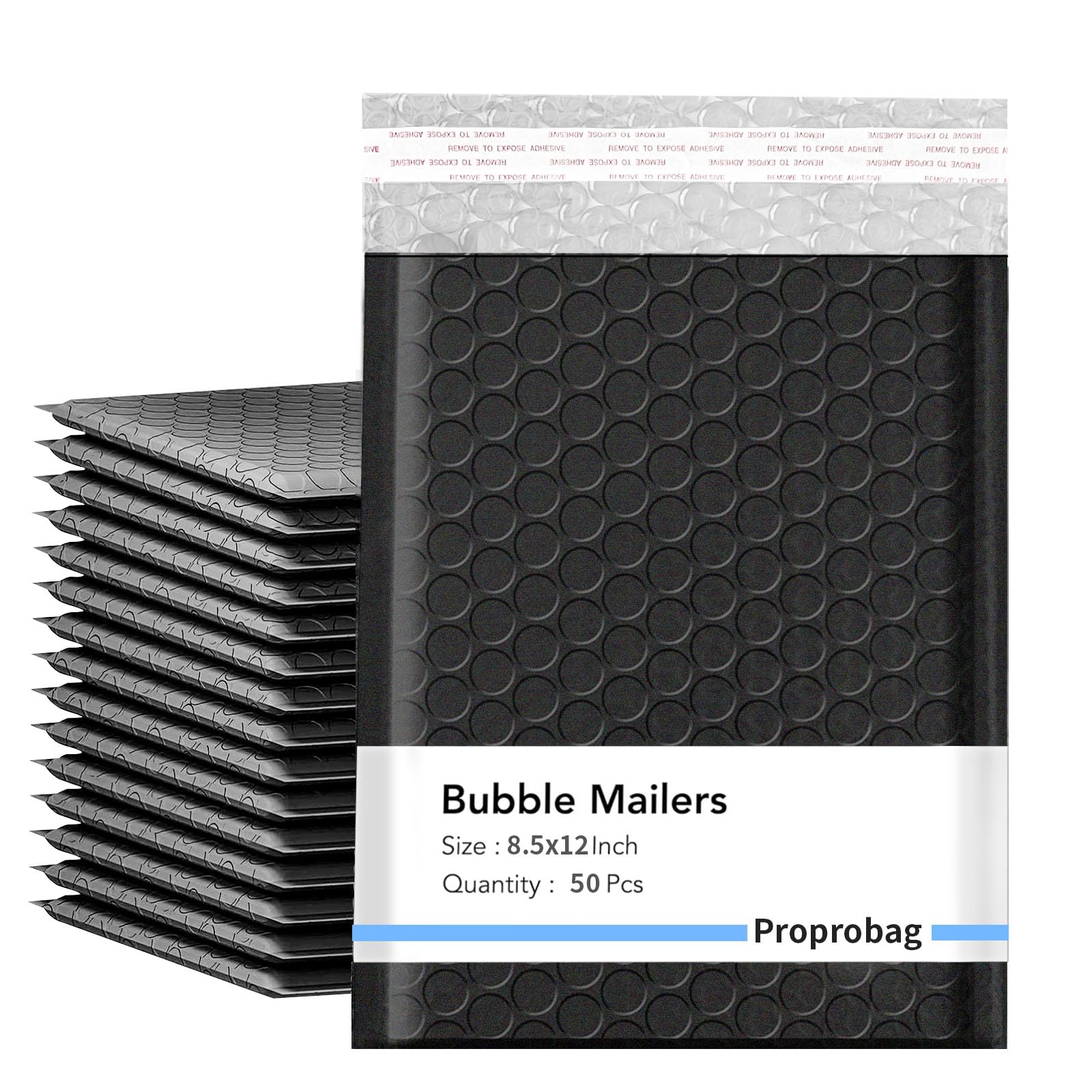 Proprobag 8.5 x 11 Bubble Mailers 50 Pack - Outer Size 9x12 Heavy Duty Black Padded Mailer with Self Seal, Waterproof Shipping Envelopes, Bubble Wrap Protection for Ecommerce, Non See Through