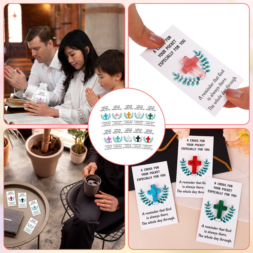 PIAOPIAONIU 30 Sets Pocket Hug Token Bulk Inspirational Hug Greeting Cards Cross Crystal Stones Organza Bags Healing Charms Gifts for Family Friend Colleagues Christians Easter Thanksgiving