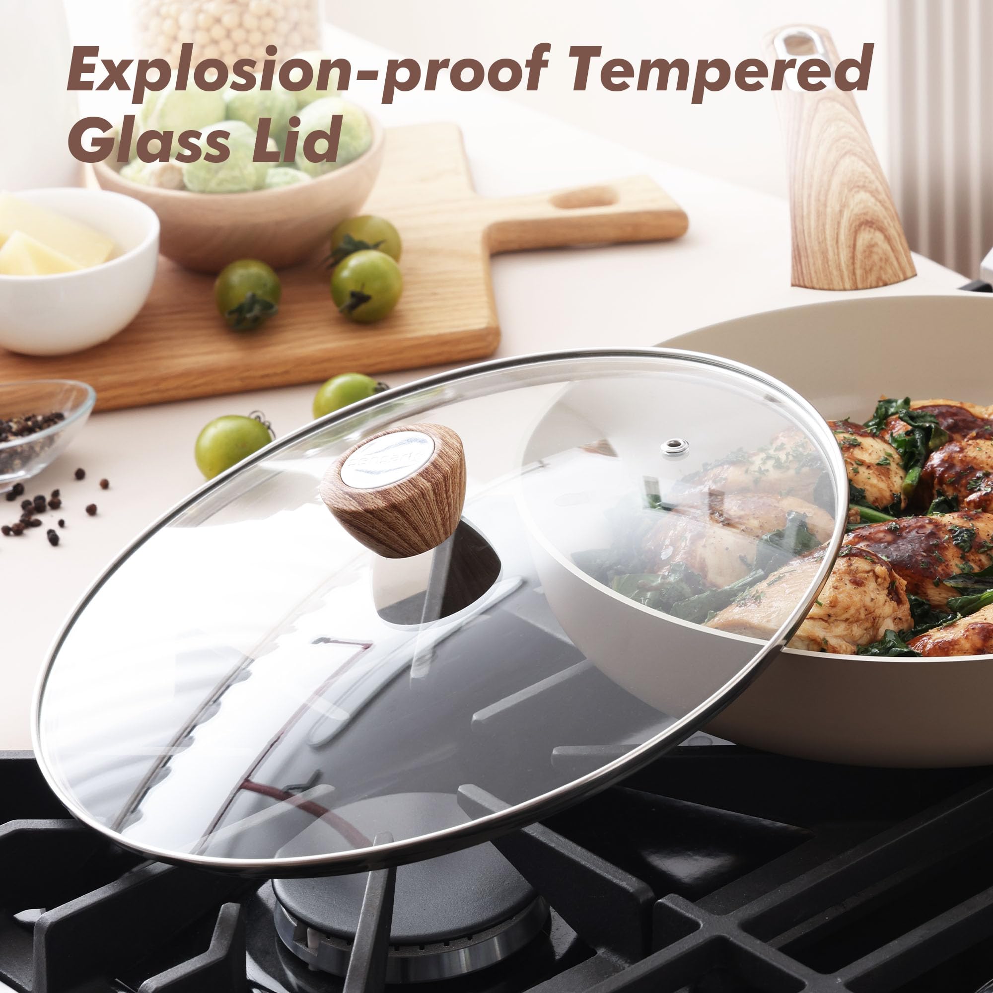SENSARTE Ceramic Nonstick Frying Pan Skillet with Lid, 8/9.5/11/12.5 Inch Non Stick Pan Wok, Healthy Kitchen Cooking Sauté Pans, Free of Intentionally Added PFOA/PFAS/PTFE, Induction Compatible, Taupe