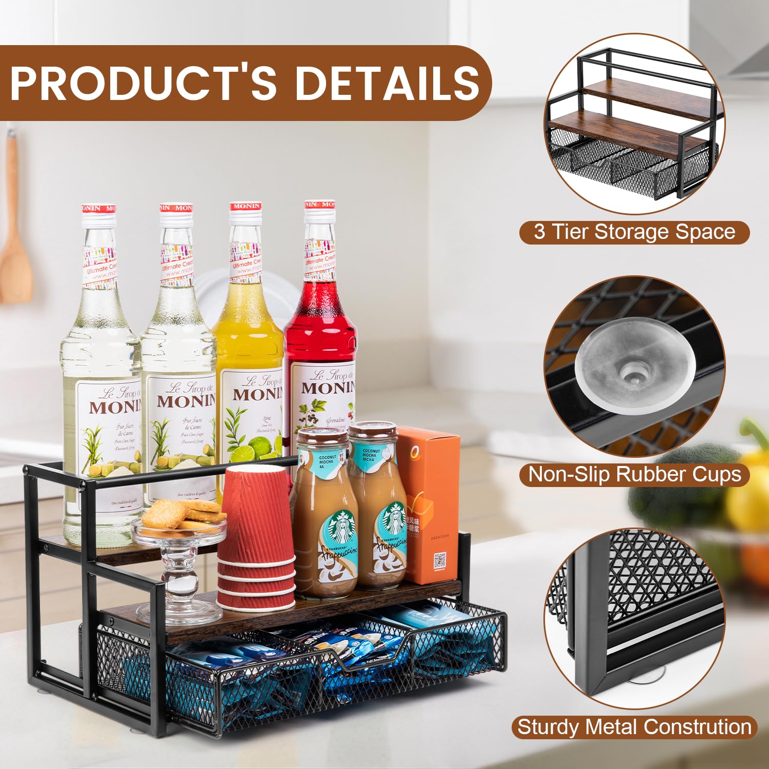 Wetheny Coffee Syrup Organizer for Coffee Bar, 3-Tier Coffee Station Organizer with K Cup Storage Basket for Countertop