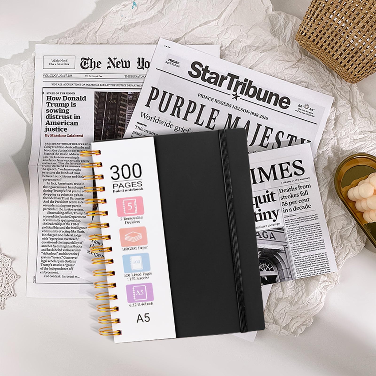 Spiral Notebook, A5 Size 5 Subject Notebooks College Ruled with Tabs and Removable Dividers, 300 Pages 100GSM Thick Spiral Ruled Lined Writing Journal Notebook for Work, School（6.2"x 8.5"）