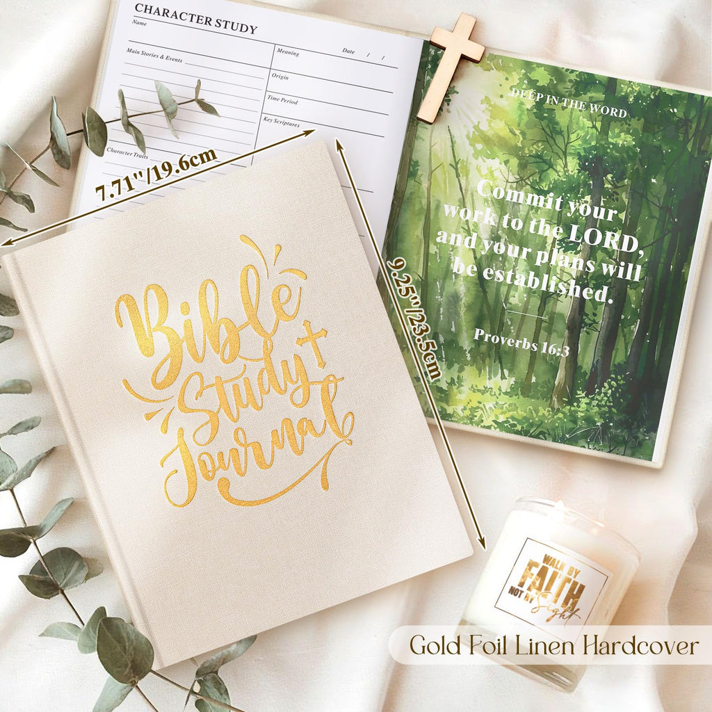 Lanpn Bible Study Guide Journals for Women with Tabs & Highlighters, Church Notes Taking Daily Devotional Journaling, Linen Bible Prayer Notebook Christian Religious Faith Based Gifts, Beige