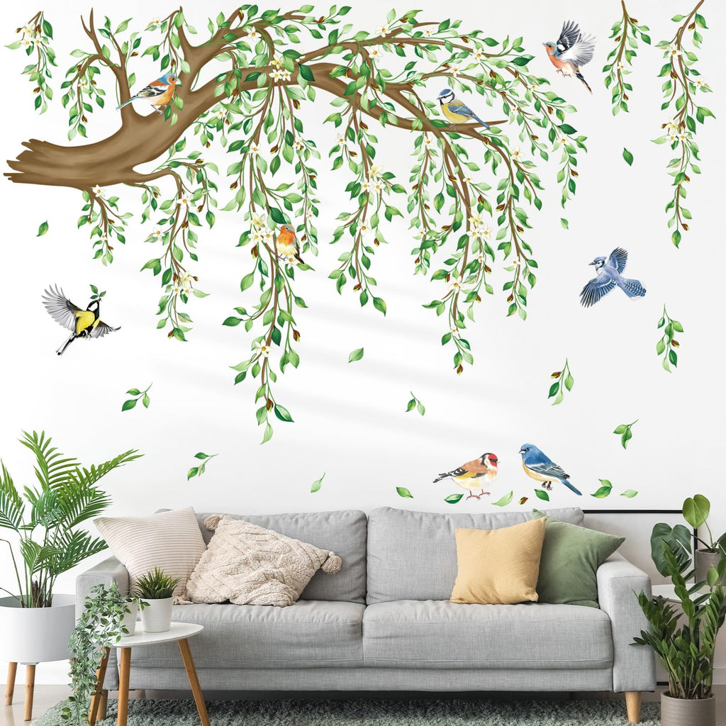 decalmile Spring Large Hanging Vine Wall Decals Green Leaf Tree Branch Flower Birds Wall Stickers Living Room Tv Background Bedroom Wall Decor