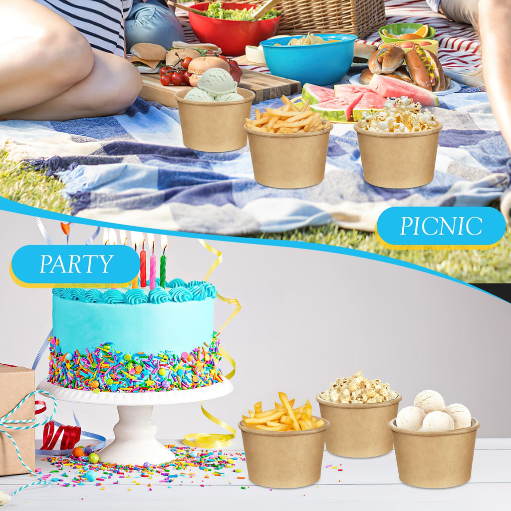 100 Pack Ice Cream Bowls, Kraft Paper Dessert Cups with Wooden Spoons, Disposable Sundae Bowls, Ice Cream Containers for Cold and Hot Food, Sundae Bar, Birthday, Graduation, Party Supplies
