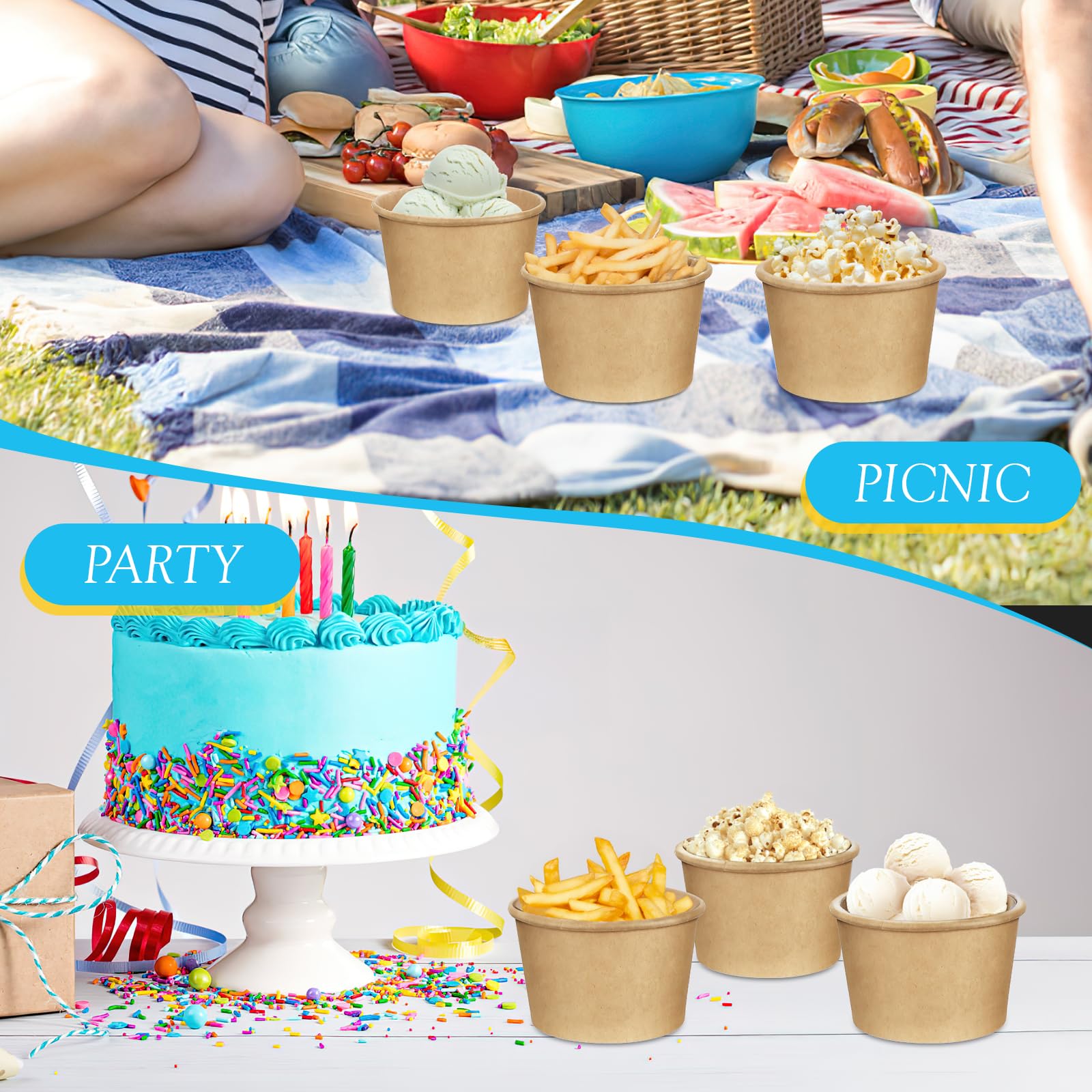 100 Pack Ice Cream Bowls, Kraft Paper Dessert Cups with Wooden Spoons, Disposable Sundae Bowls, Ice Cream Containers for Cold and Hot Food, Sundae Bar, Birthday, Graduation, Party Supplies