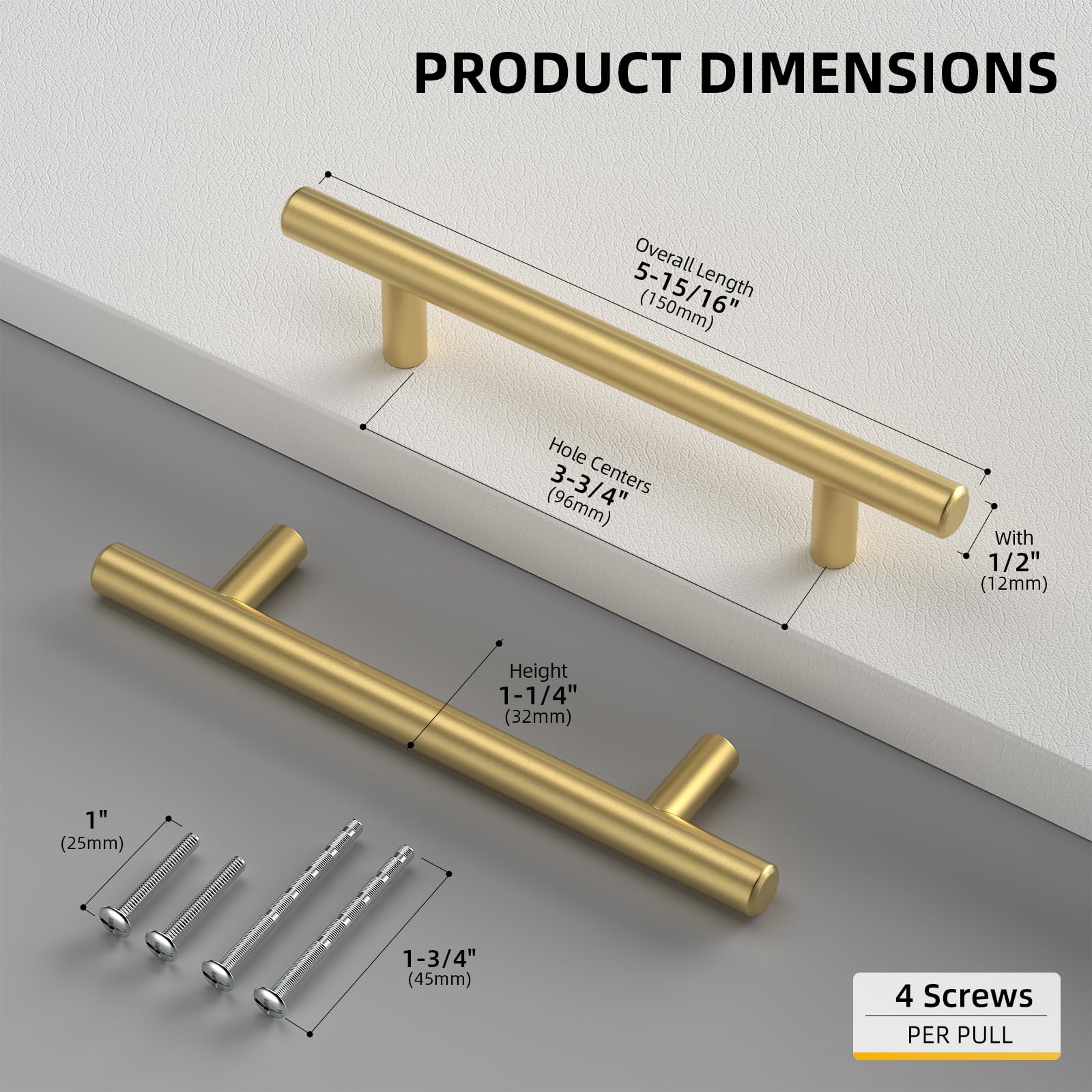 goldenwarm 5 Pack Gold Kitchen Cabinet Handles 96mm(3-3/4") Hole Center Drawer Pulls Cabinet Pulls Gold Kitchen Cupboard Handles Brushed Brass Drawer Hardware