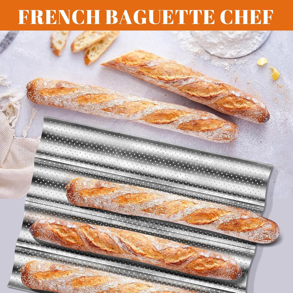 Feishiong French Baguette Bread Pan,with Professional Proofing Cloth, 15"X 13" Non-Stick French Bread pan, 4 Wave Loaves Loaf Baguette pan for Baking Toast Perforated Bakers Molding