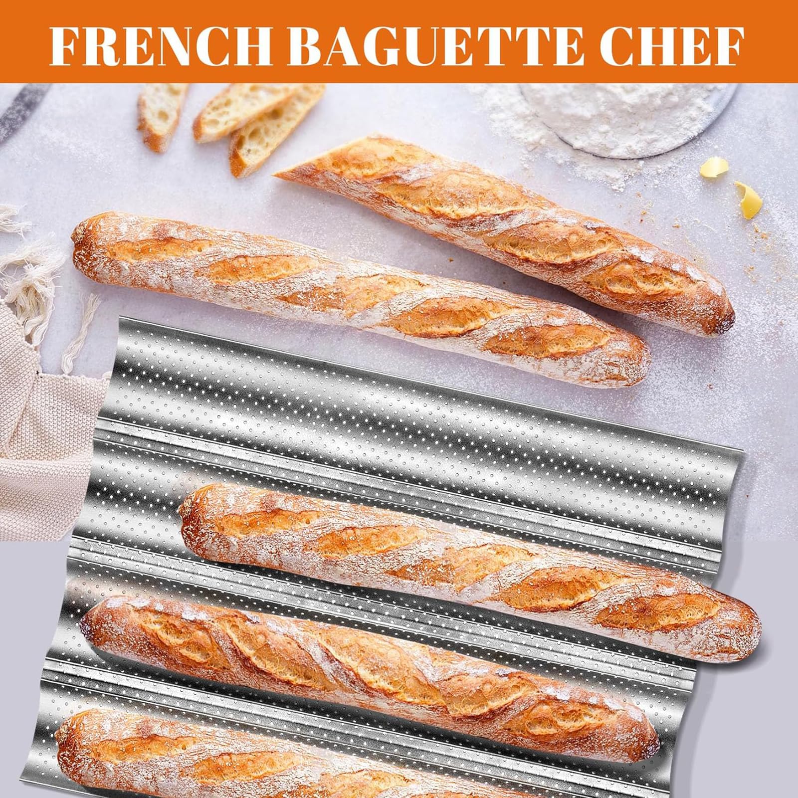 Feishiong French Baguette Bread Pan,with Professional Proofing Cloth, 15"X 13" Non-Stick French Bread pan, 4 Wave Loaves Loaf Baguette pan for Baking Toast Perforated Bakers Molding