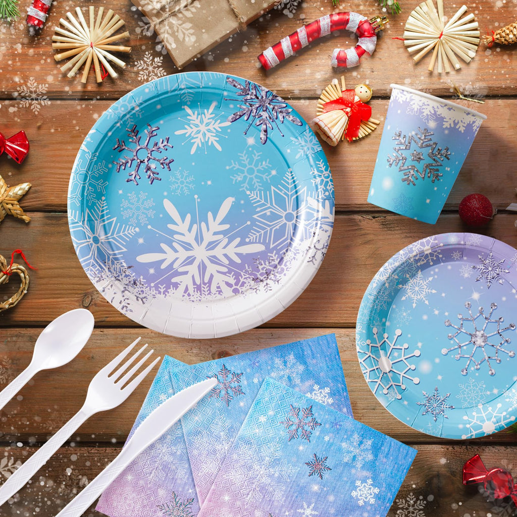 WINTS 175 Pcs Winter Wonderland Birthday Party Supplies, Disposable Snowflake Plates Tableware Set,Paper Plates,Napkins,Cups,Tablecloth Decor for Magical Snowflake Decorations,Serves 24 Guests
