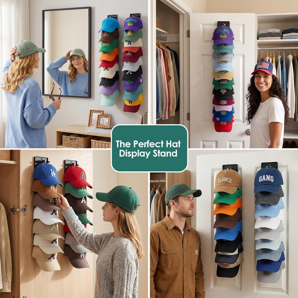 2 Pack Spring Clips Hat Organizer for Baseball Caps – Holds Up to 20 Hats Total (10 per Hook), Hat Rack for Wall Closet Door Entryway and Bedroom, Adhesive or Screw Installation (Black)