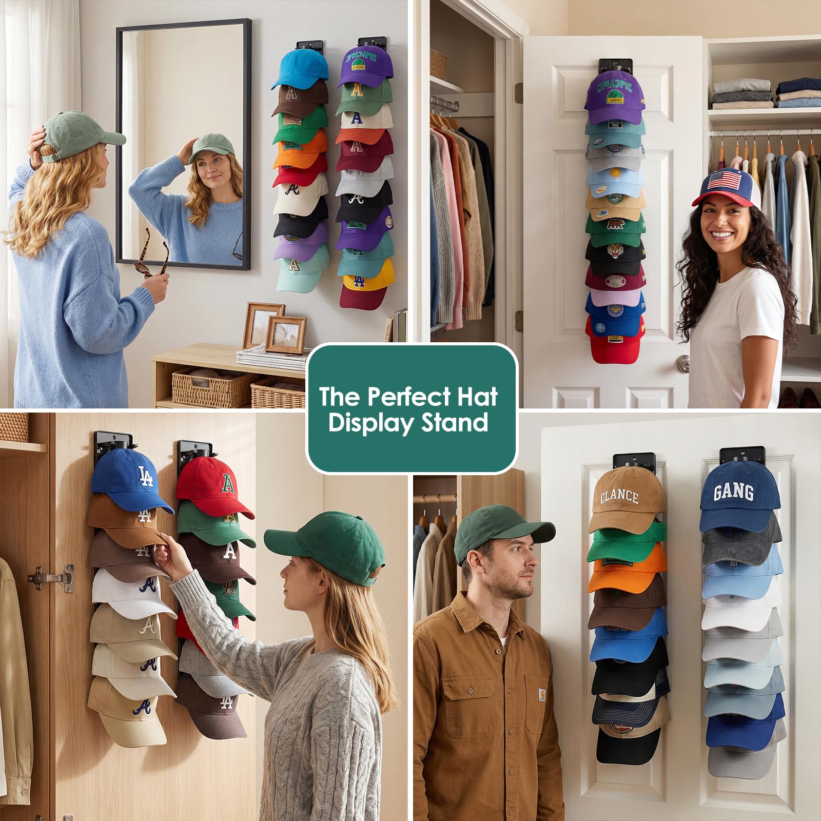 2 Pack Spring Clips Hat Organizer for Baseball Caps – Holds Up to 20 Hats Total (10 per Hook), Hat Rack for Wall Closet Door Entryway and Bedroom, Adhesive or Screw Installation (Black)