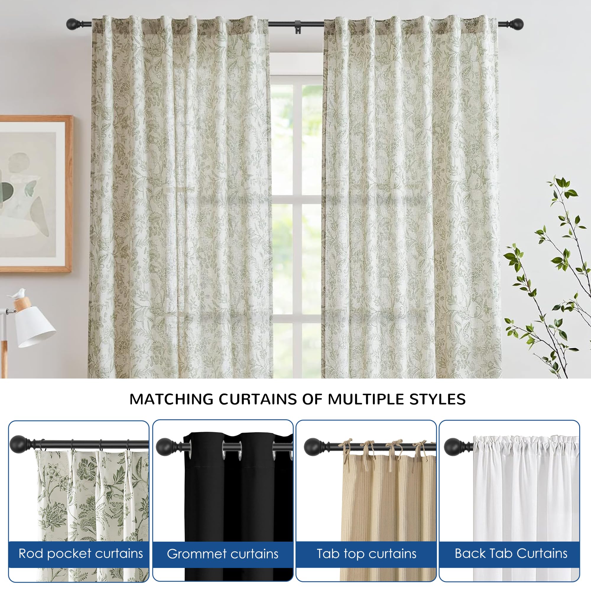 Black Curtain Rod for Windows 66 to 120 inch, Adjustable 1 inch Diameter Heavy Duty Long Curtain Rods with 3 Brackets for Bedroom, Sliding Glass Doors, Outdoor, Patio (168-305 cm)