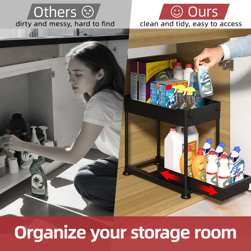 Sevenblue 4 Pack Under Sink Organizer and Storage,Bathroom Organizers, Multi-Use Under Sink Organizer for Bathroom and Kitchen with Sliding Drawer, Hang Hooks and Cups(Black,4 Pack)