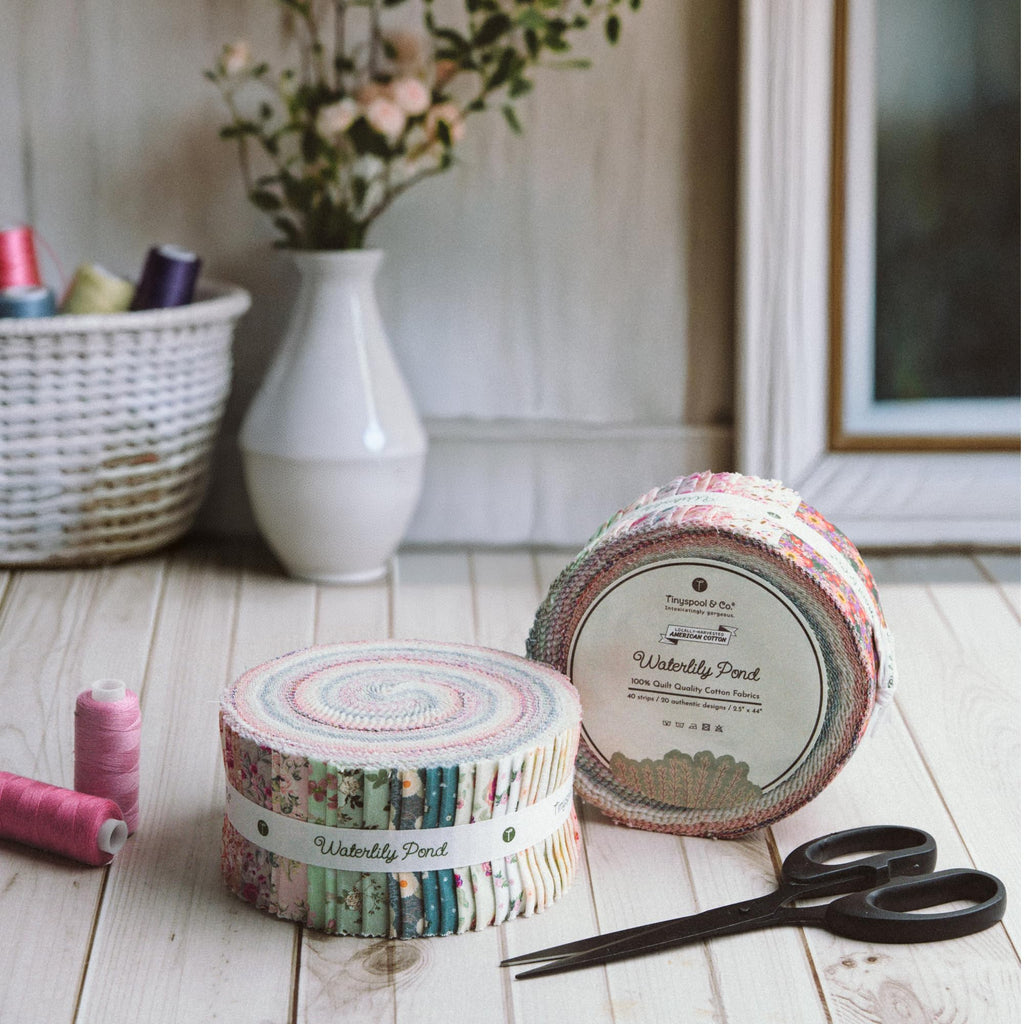 Tinyspool & Co. Jelly Roll Fabric Strips for Quilting, Crafting, and Sewing, 40 Strip Assorted Bundle, Soft Cotton for Blanket, Rug, Upholstery, Home Decor, and Purse Making, Waterlily Pond
