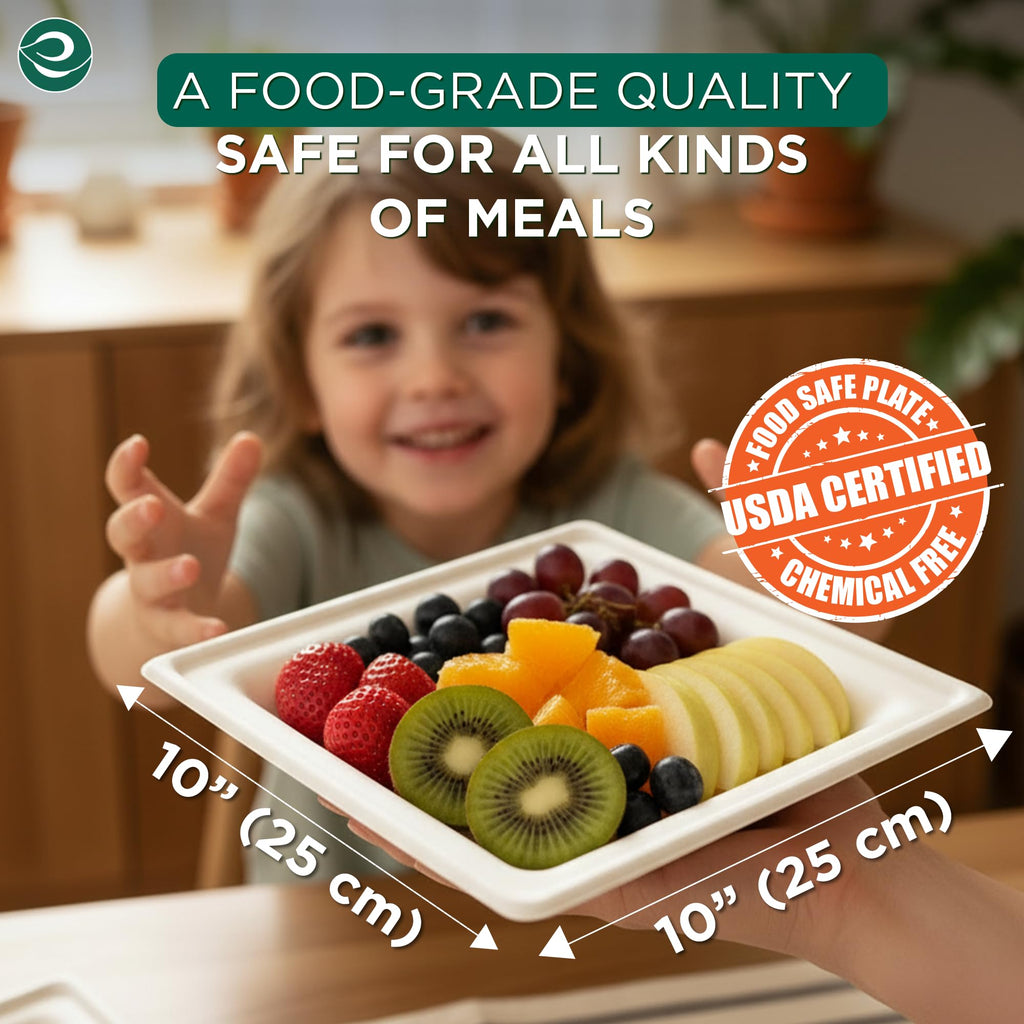ECO SOUL 10 Inch Compostable Disposable Paper Plates [100 Pack] Food Safe 100% Virgin Bagasse Pulp Heavy Duty Biodegradable Microwave Safe Large Square Dinner Plate for Party, Picnic & BBQ (White)