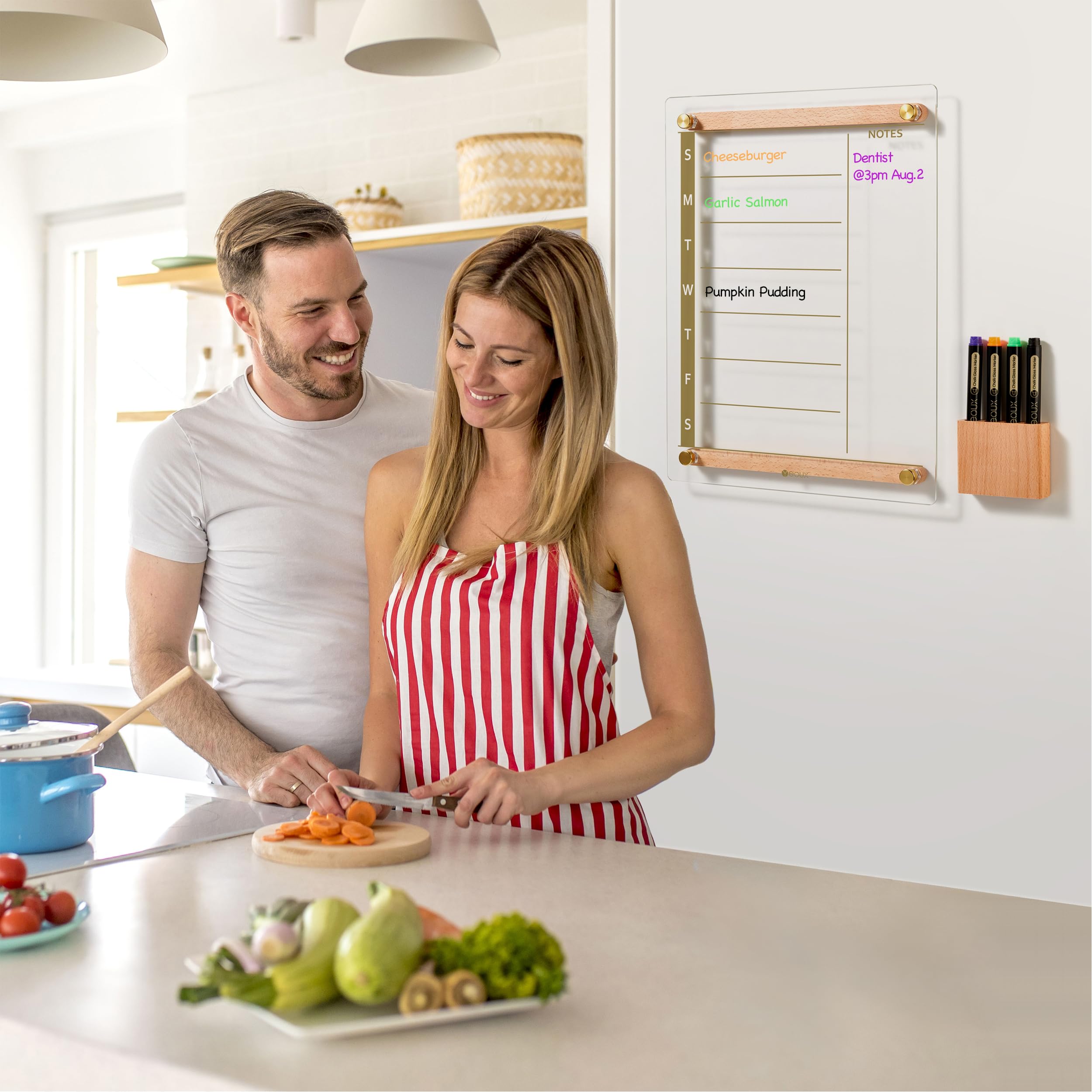 Clear Gold Glass Weekly Dry Erase Calendar Whiteboard with Wood Decoration for Wall, Menu & Meal Planner White Board for Home Kitchen, 15x11, Wood Marker Holder and 4 Markers Included, Yeoux