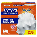 Hefty Garbage Bags, Ultra Strong Tall 50 Litres White, Drawstring, Arm & Hammer odour neutralizer, 120 Bags, Fits simplehuman code N