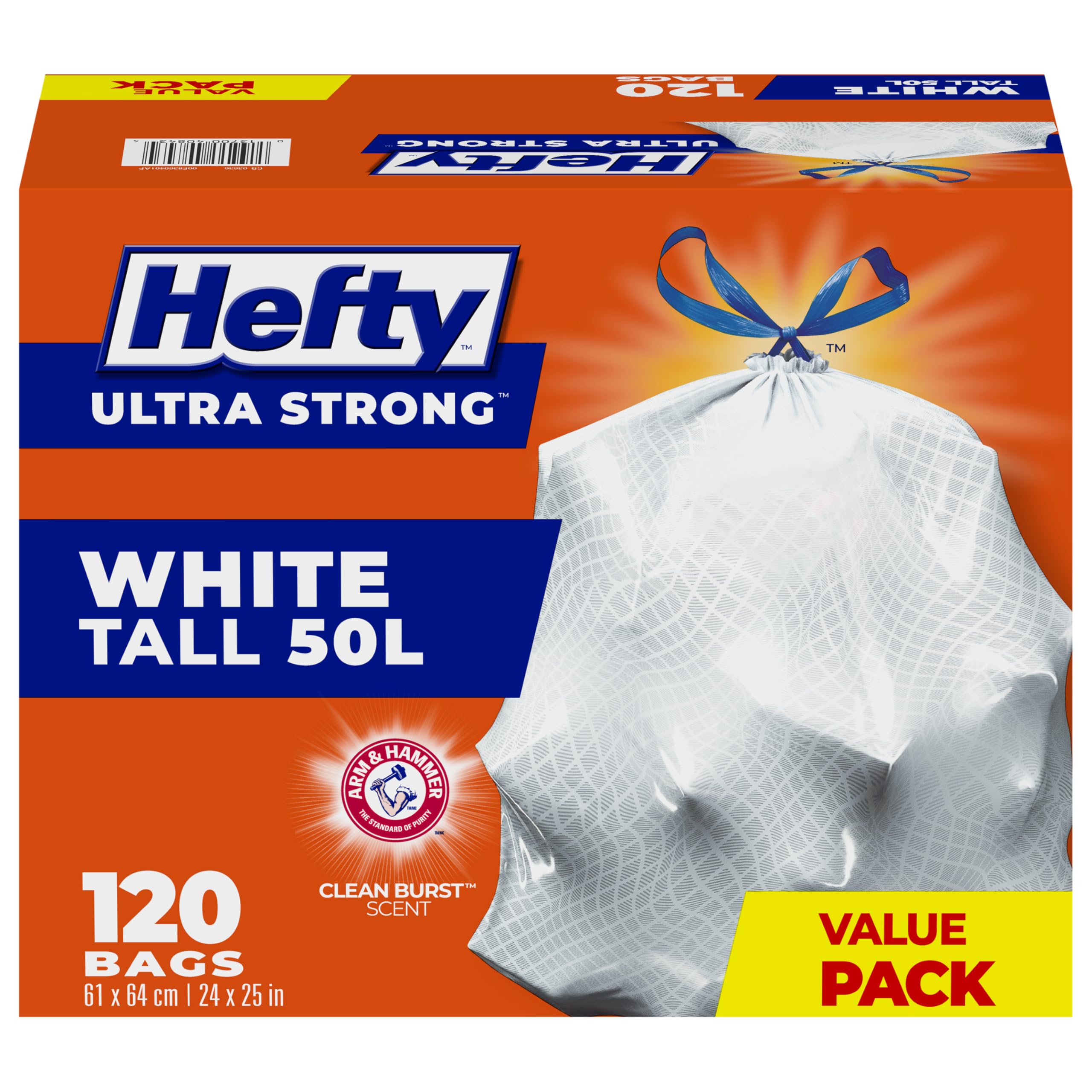 Hefty Garbage Bags, Ultra Strong Tall 50 Litres White, Drawstring, Arm & Hammer odour neutralizer, 120 Bags, Fits simplehuman code N