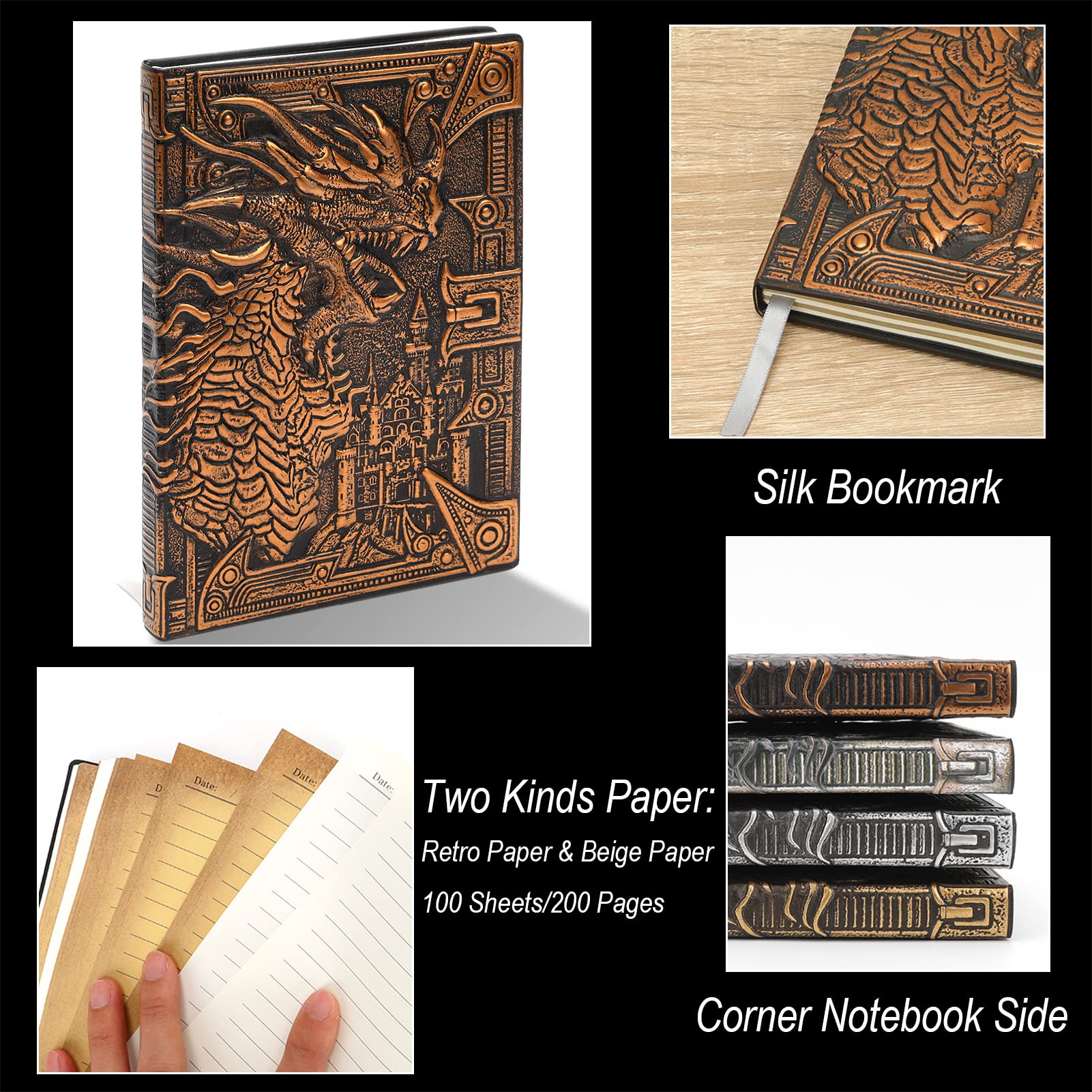 3D Dragon DND Journal Writing Notebook, Fantasy D&D Leather Journal Book for Dungeons and Dragons Gifts Nerdy DM & Players RPG Lovers Accessories, 200 Pages A5 Travel Notepad for Men or Women