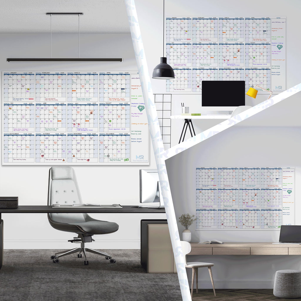 THE MASTERROUTE Large Dry Erase Wall Calendar – 147x94cm Reusable 12-Month Undated Wall Planner 2026 – Horizontal Layout with 2 Markers, 83 Stickers & Mounting Tapes for Home, Office or School
