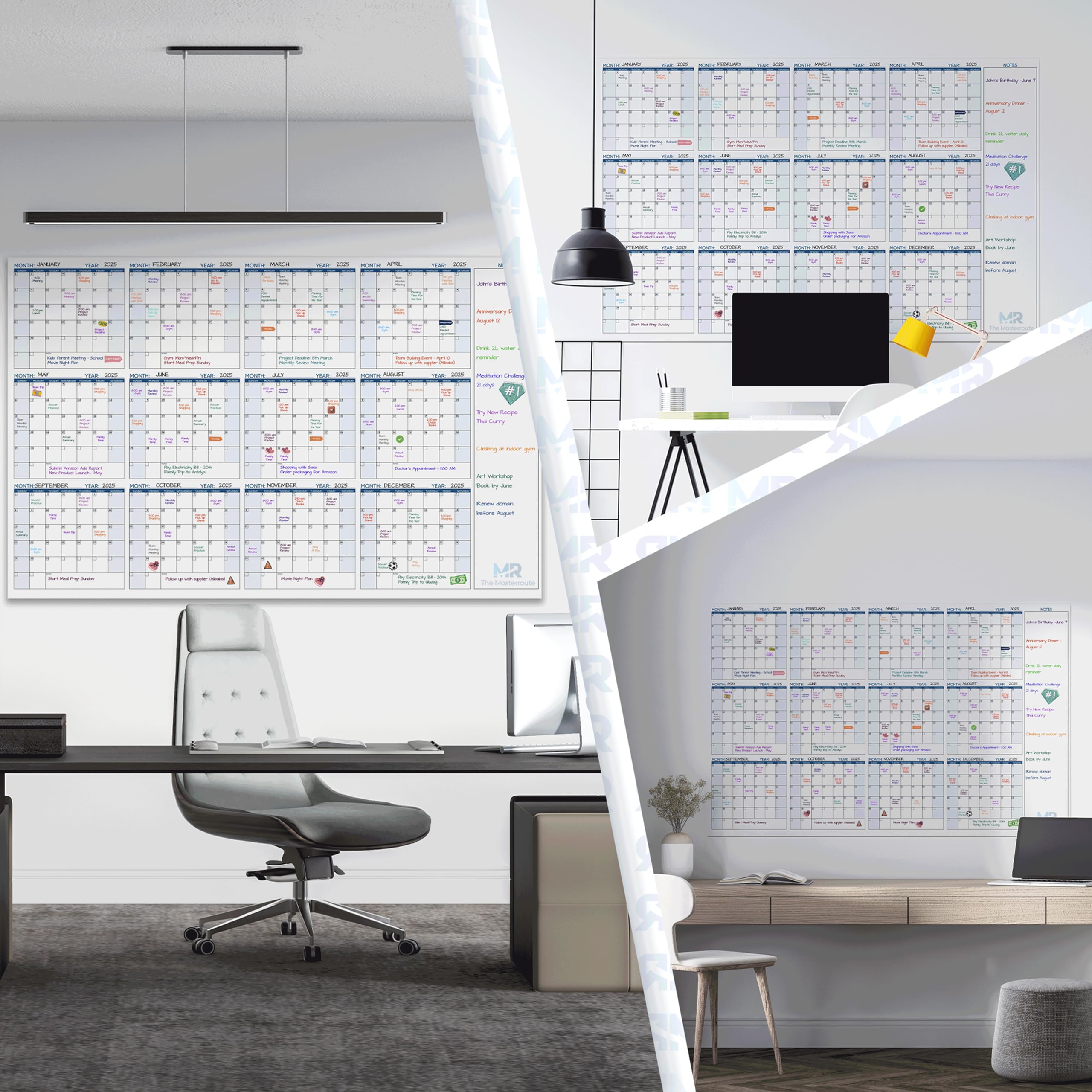 THE MASTERROUTE Large Dry Erase Wall Calendar – 147x94cm Reusable 12-Month Undated Wall Planner 2026 – Horizontal Layout with 2 Markers, 83 Stickers & Mounting Tapes for Home, Office or School
