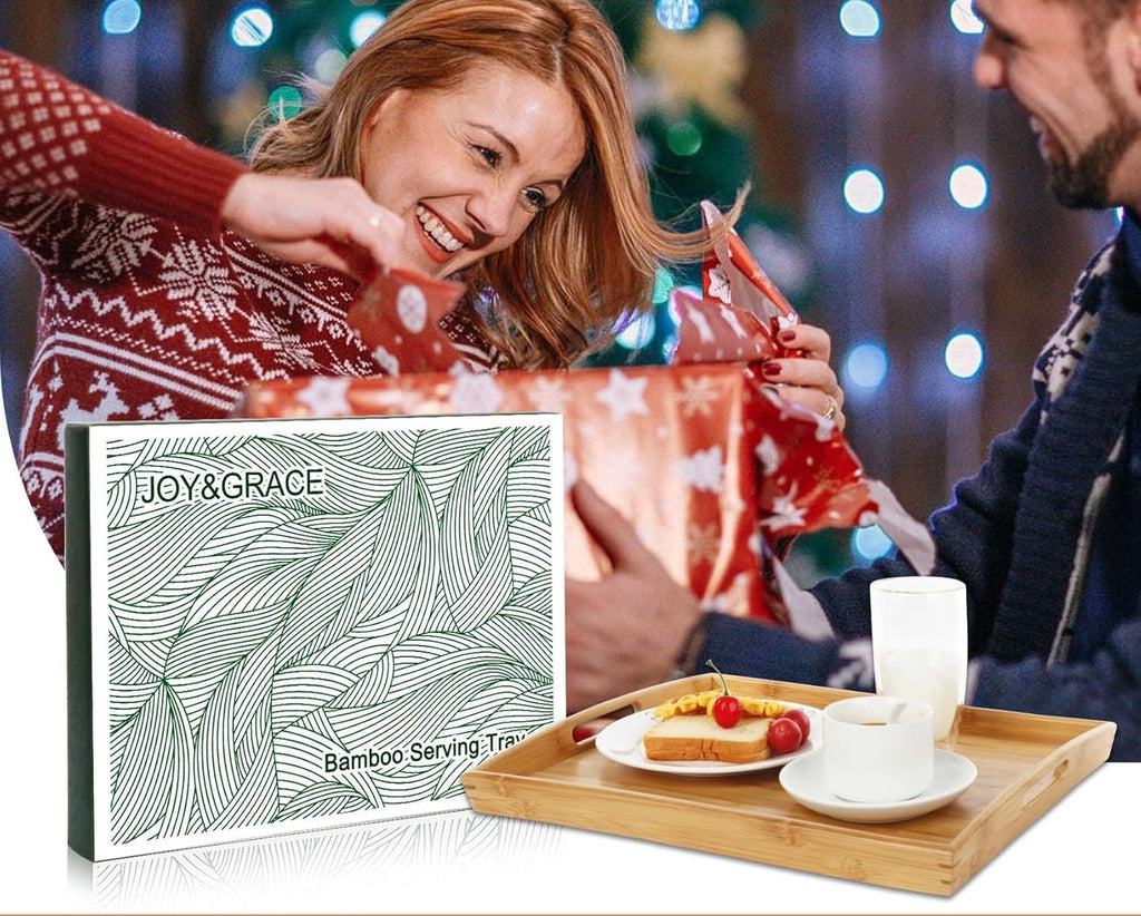 Joy&Grace Bamboo Serving Tray with Handles, Dinner Food Tray for Bed Breakfast Eating and Serving, for Coffee Table Ottoman TV, Decorative Wood Large Charcuterie Platter 42.6 x 32.5 cm 1 Pack