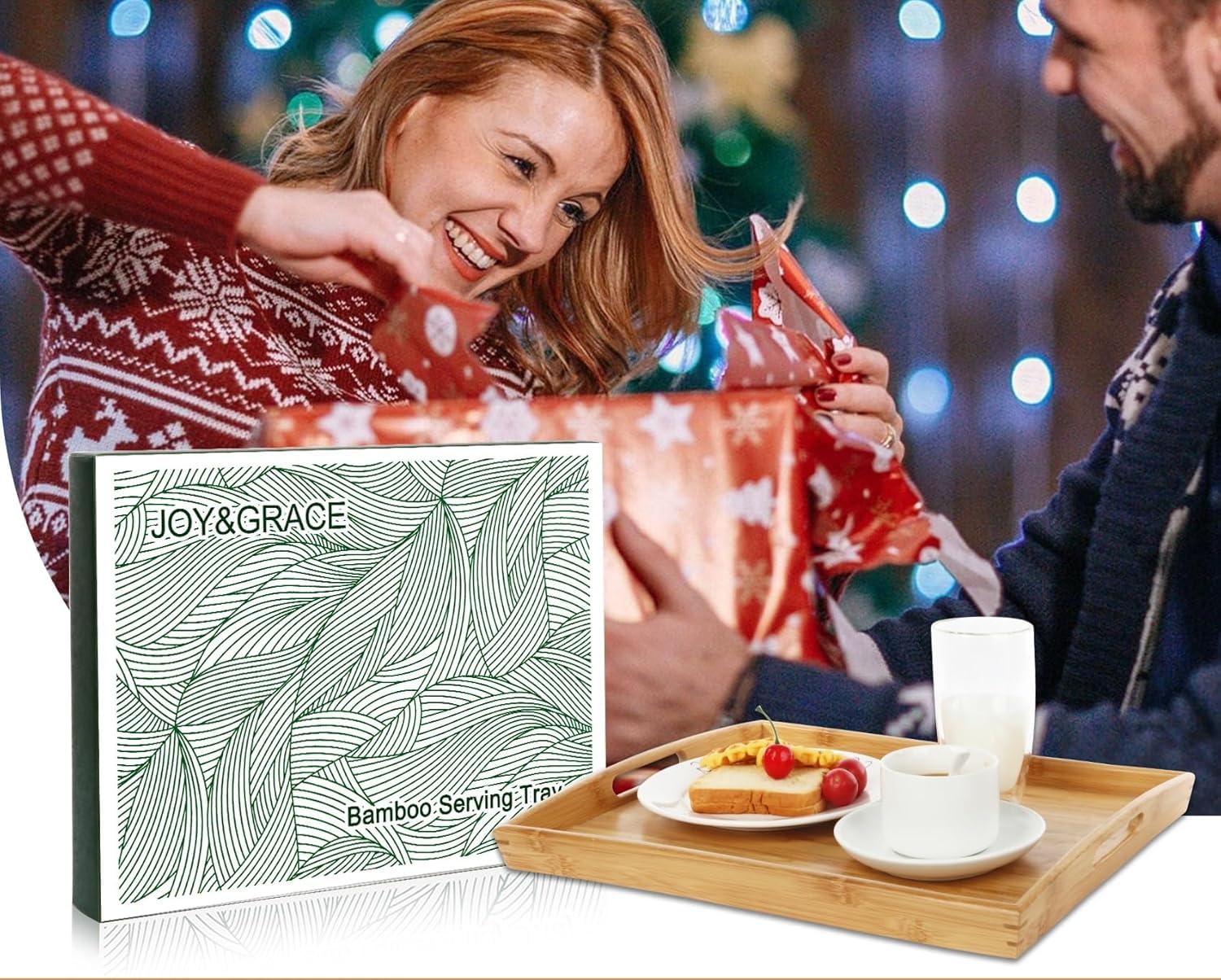Joy&Grace Bamboo Serving Tray with Handles, Dinner Food Tray for Bed Breakfast Eating and Serving, for Coffee Table Ottoman TV, Decorative Wood Large Charcuterie Platter 42.6 x 32.5 cm 1 Pack