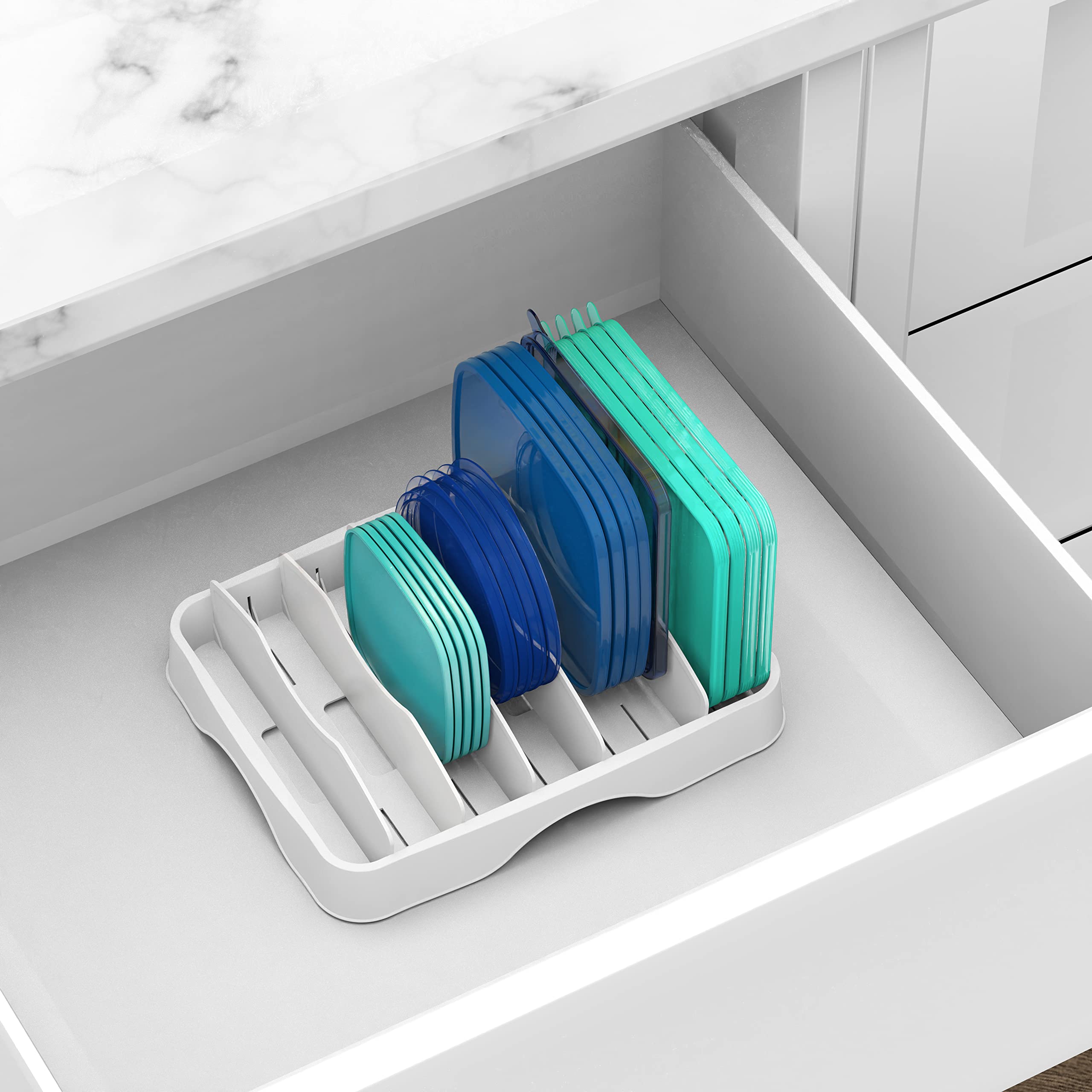 Simple Houseware Food Container Lid Organizer with Adjustable Dividers for Inside Cabinet or Countertop Storage, 13.25" × 10.5", White