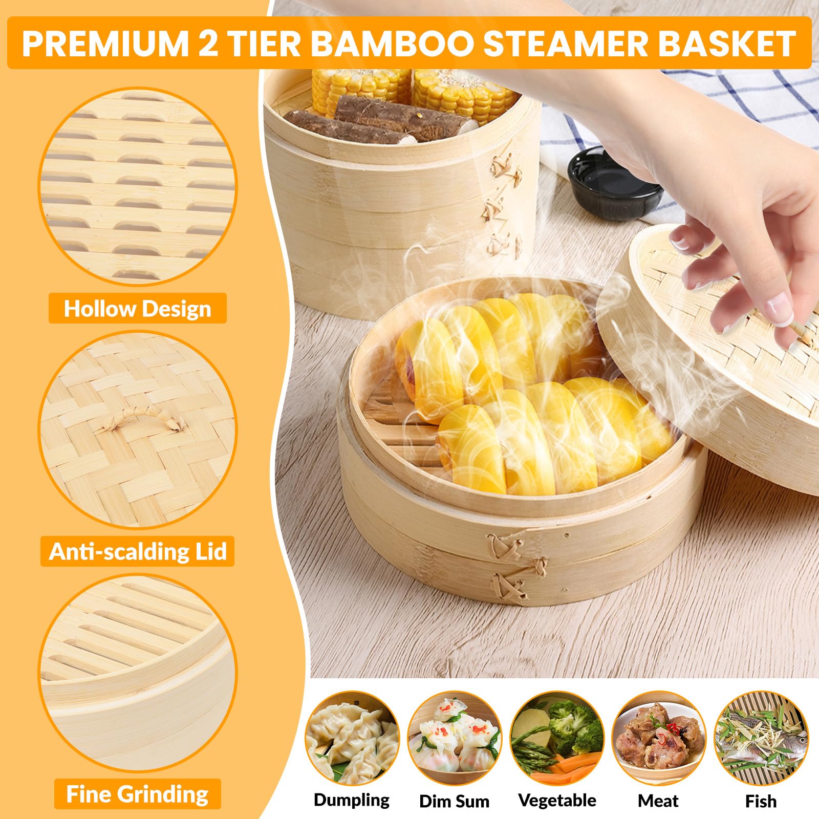 61 PCS 8 Inch 2 Tier Bamboo Steamer, Bamboo Steamer Basket, Dim Sum Basket, with 1Ring Adapter, 2Reusable Silicone Liner, 2 pairs of chopsticks, 2Sauce Dishes, 50Paper Liners, 1Ring