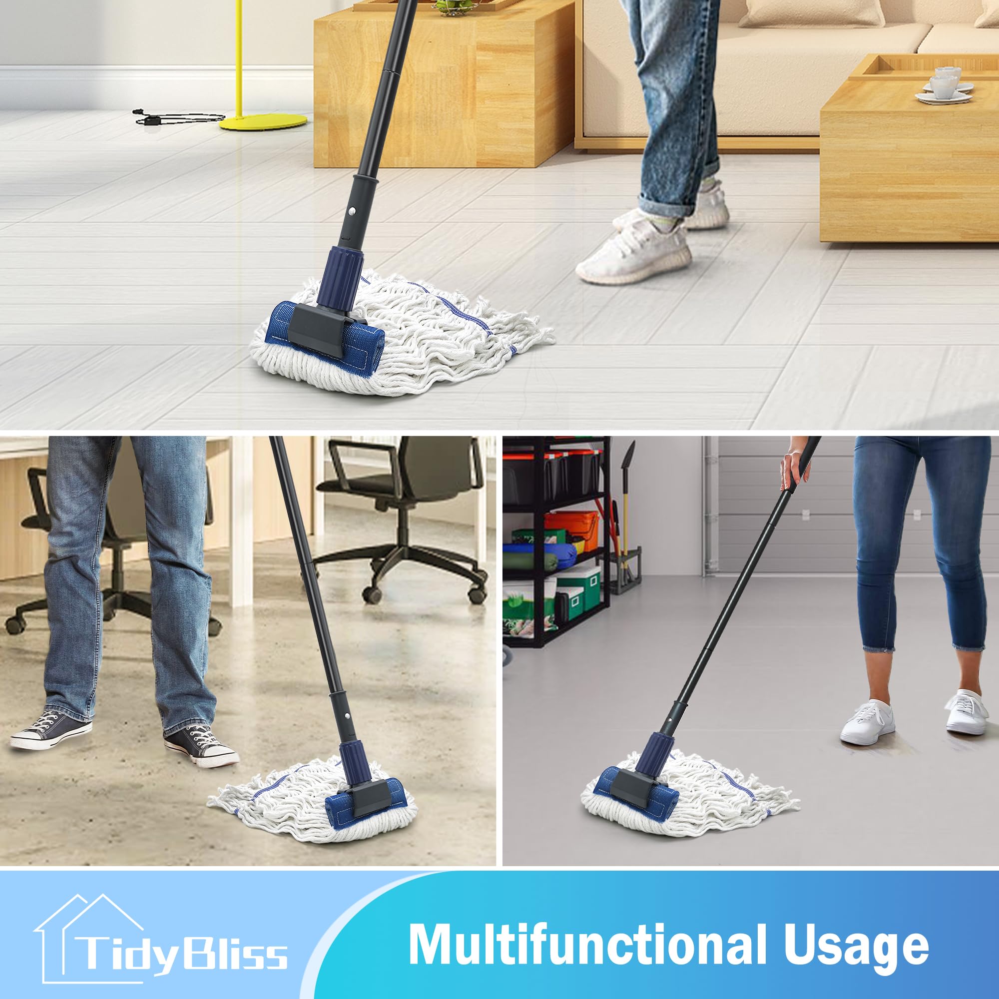 TidyBliss Commercial Mop Heavy Duty, 57.5 inches Long Handle Large Looped-End Industrial String Mop Professional Dry Wet Cotton for Cleaning Concrete Tile Hardwood Floor Shop Office Garage